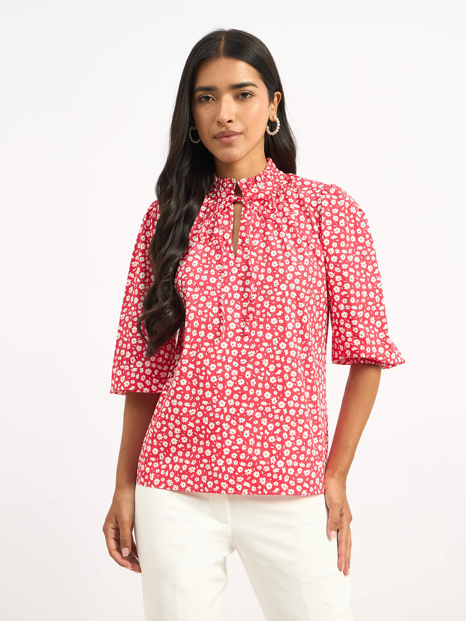 Zebi Tie-up Ruffled Neck Top - Red Daisy