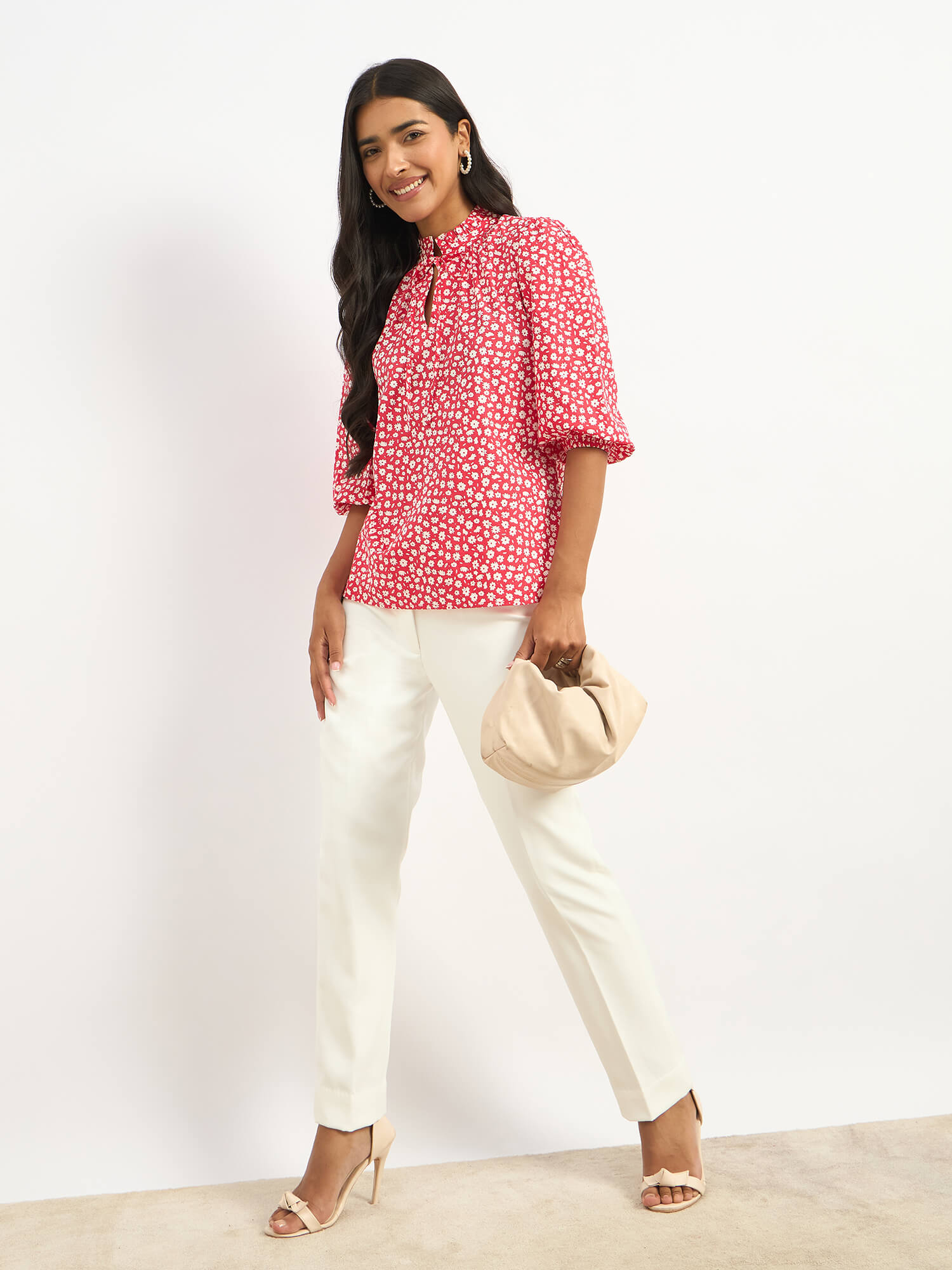 Zebi Tie-up Ruffled Neck Top - Red Daisy