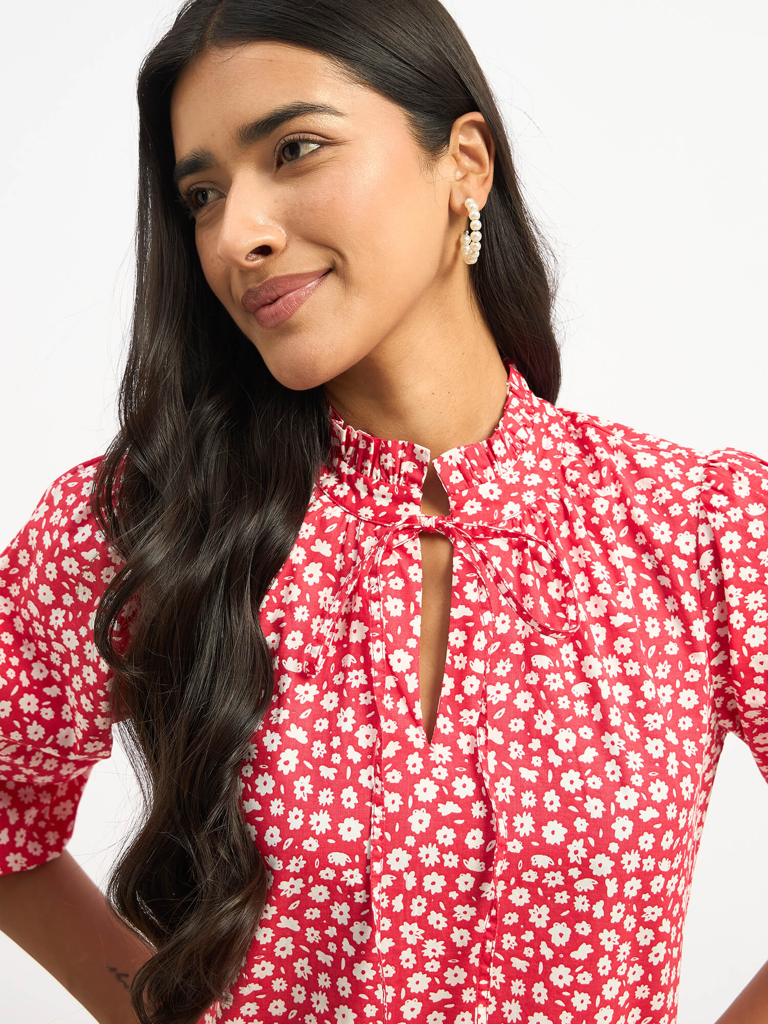 Zebi Tie-up Ruffled Neck Top - Red Daisy