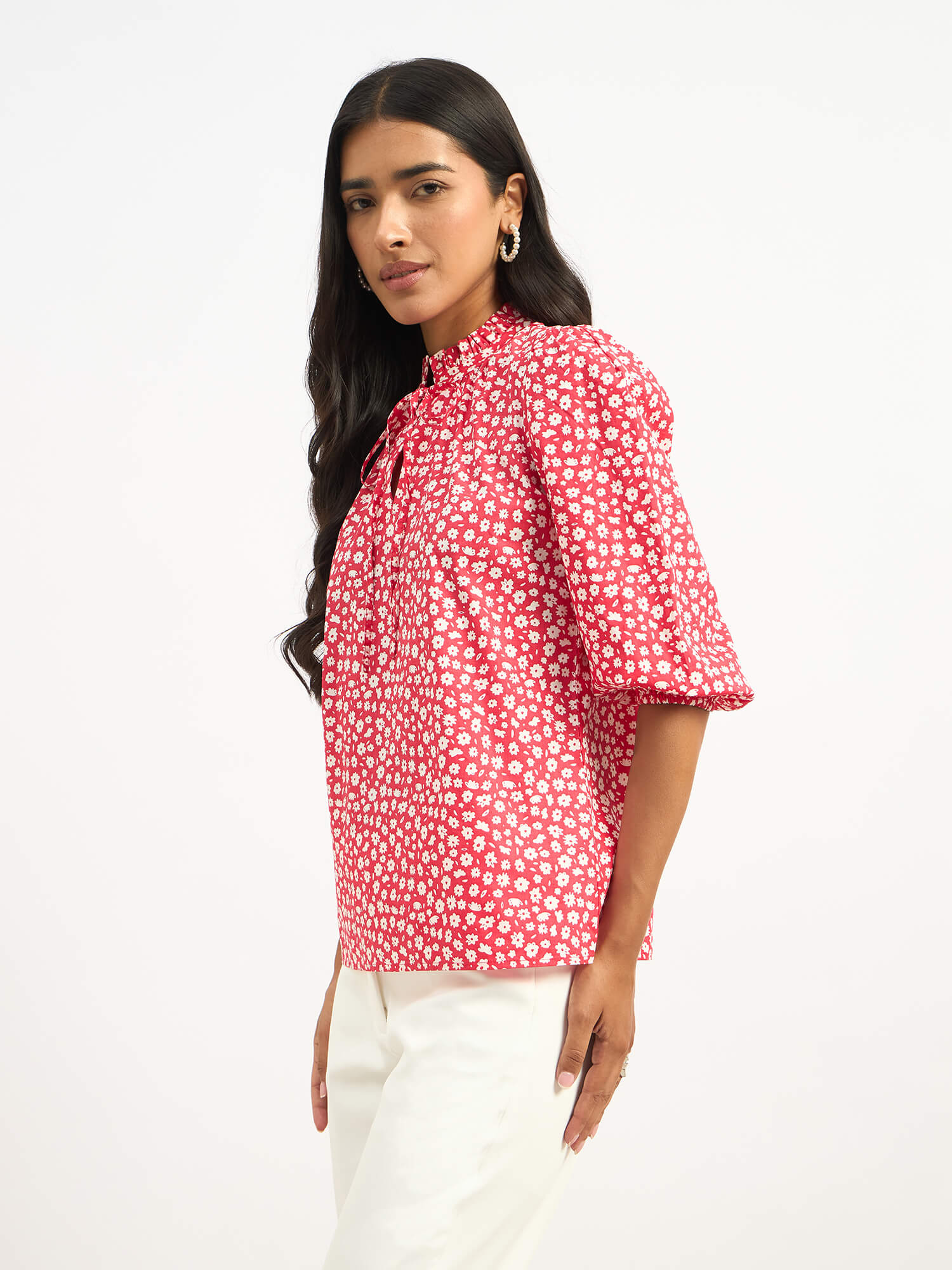 Zebi Tie-up Ruffled Neck Top - Red Daisy