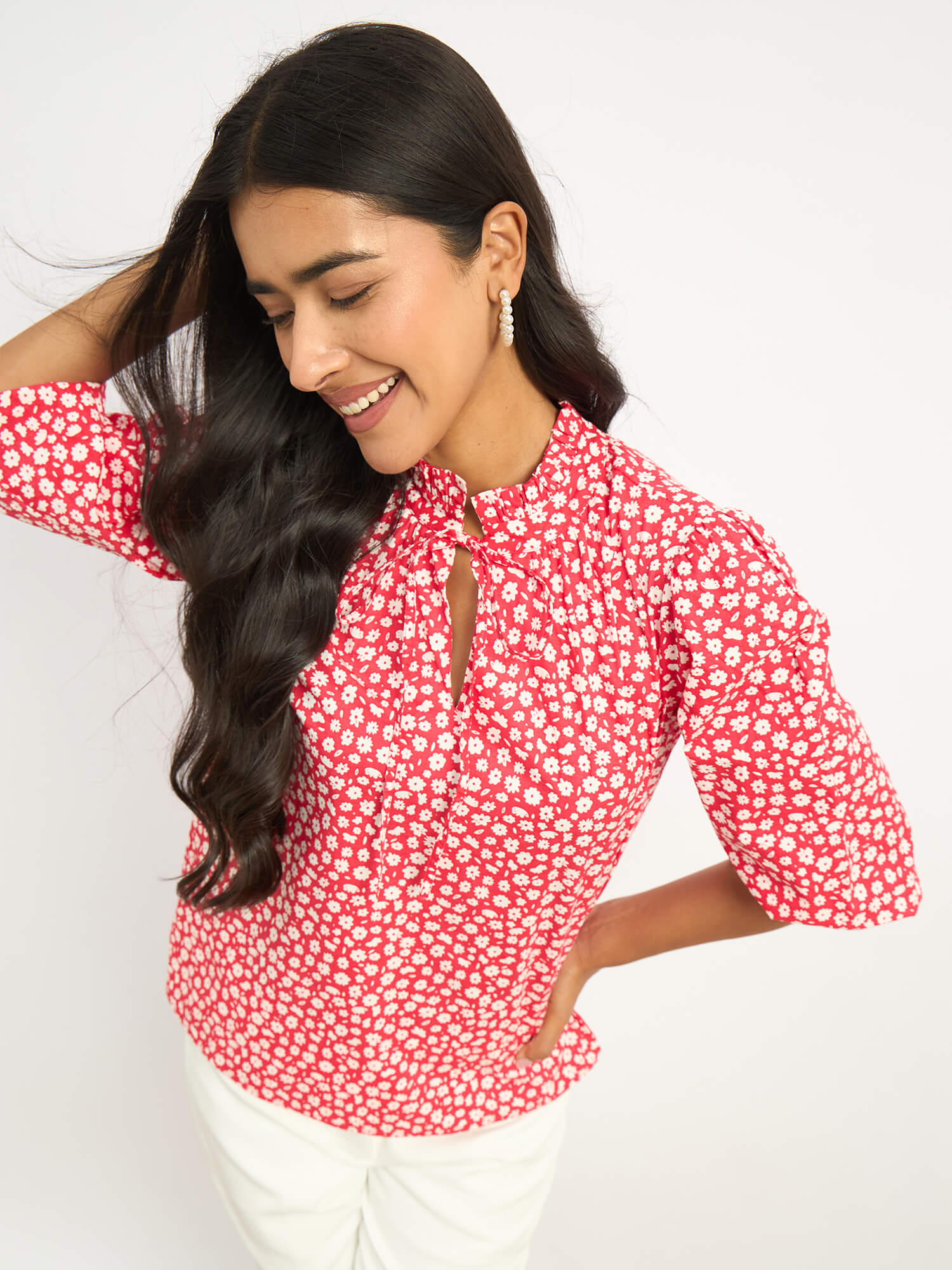 Zebi Tie-up Ruffled Neck Top - Red Daisy