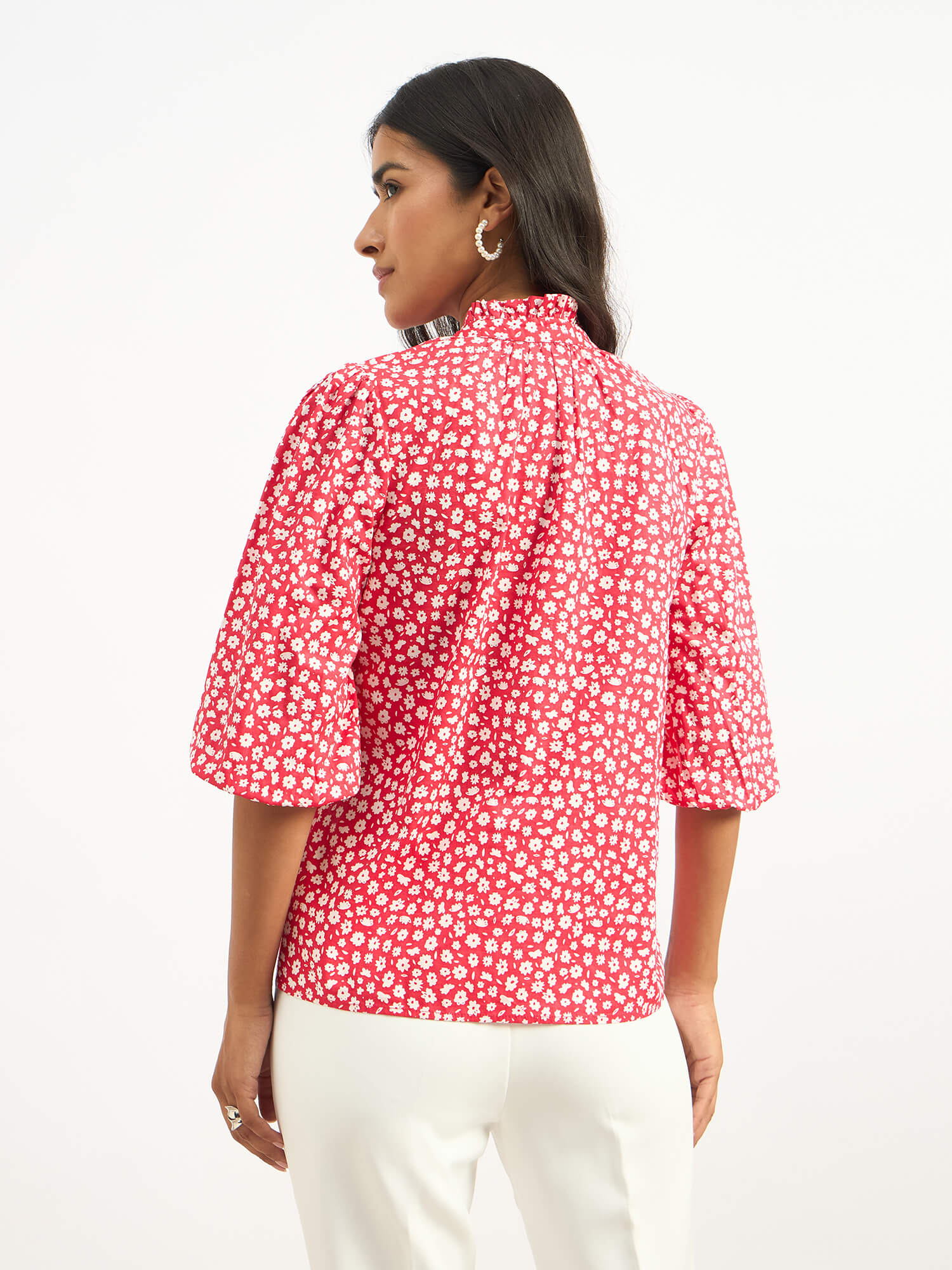 Zebi Tie-up Ruffled Neck Top - Red Daisy