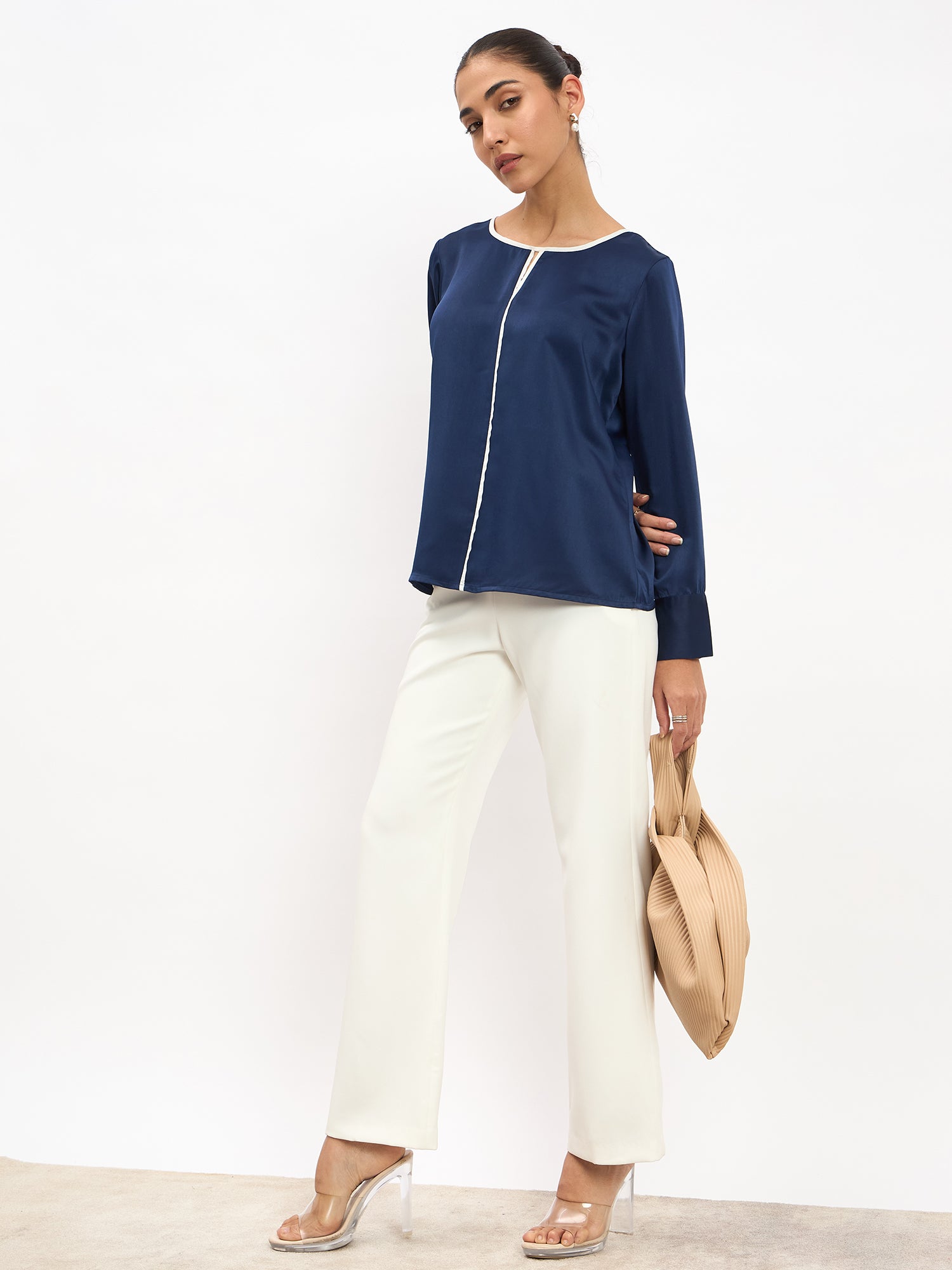 Agate Contrast Piping Top - Navy Blue - SALT Attire