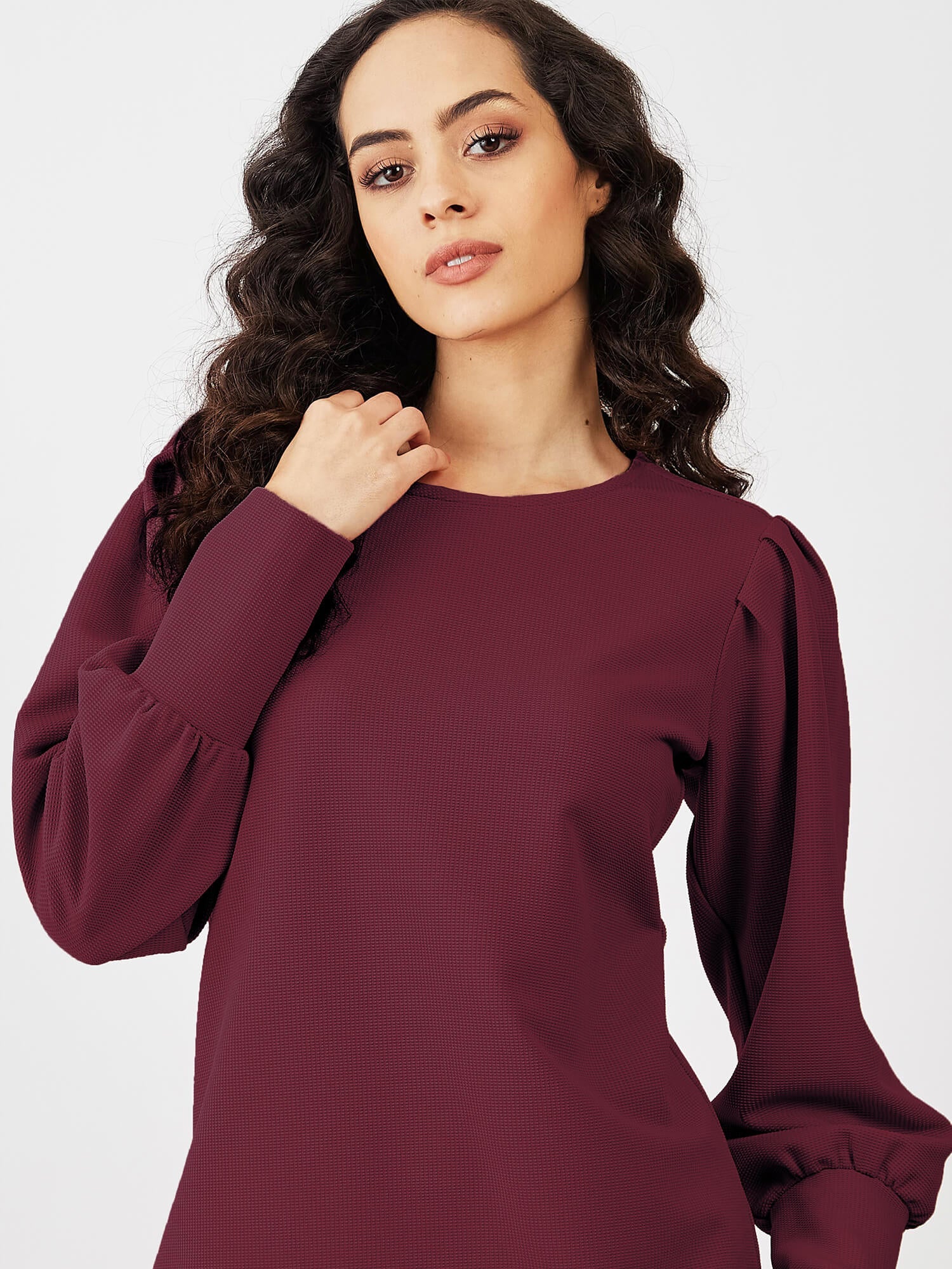Apple Blossom Puffed Sleeves Top-Maroon
