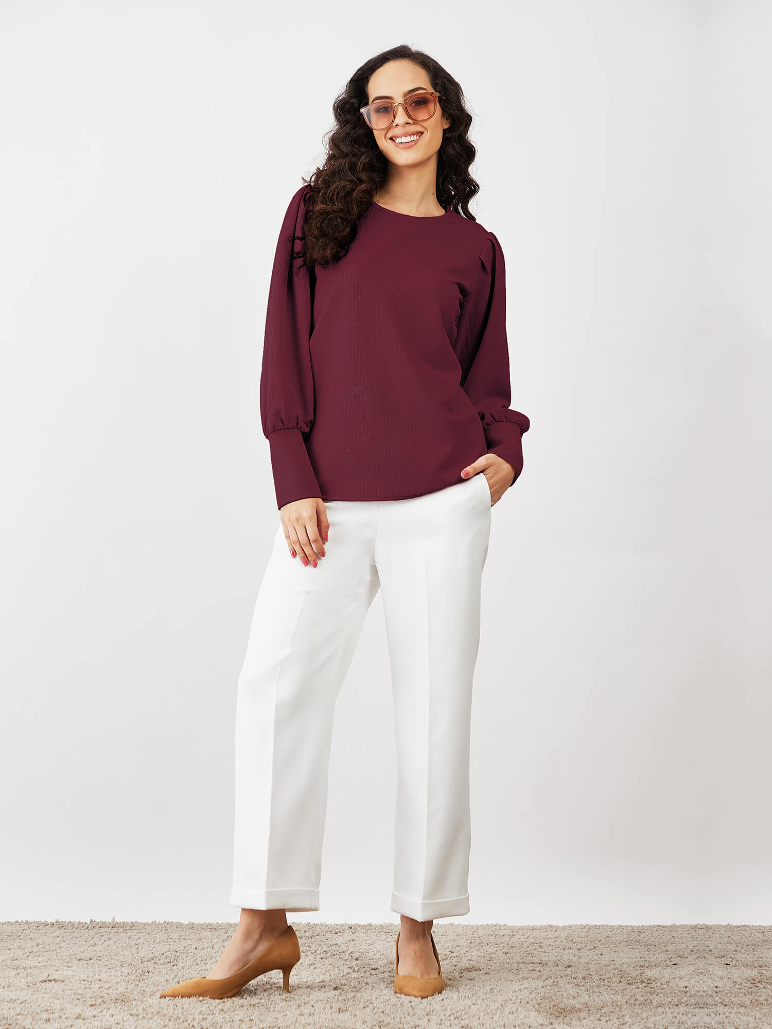 Apple Blossom Puffed Sleeves Top-Maroon