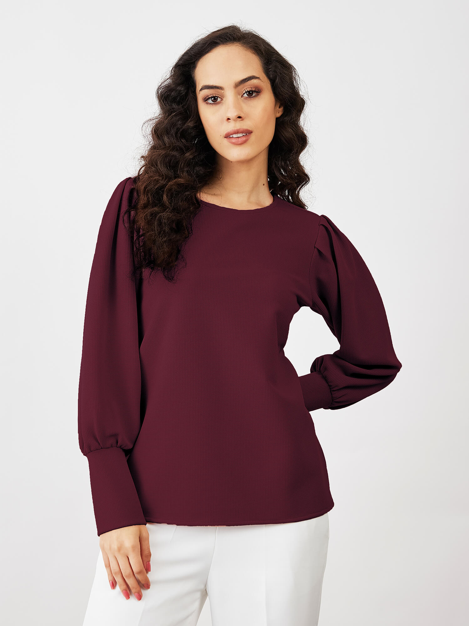 Apple Blossom Puffed Sleeves Top-Maroon