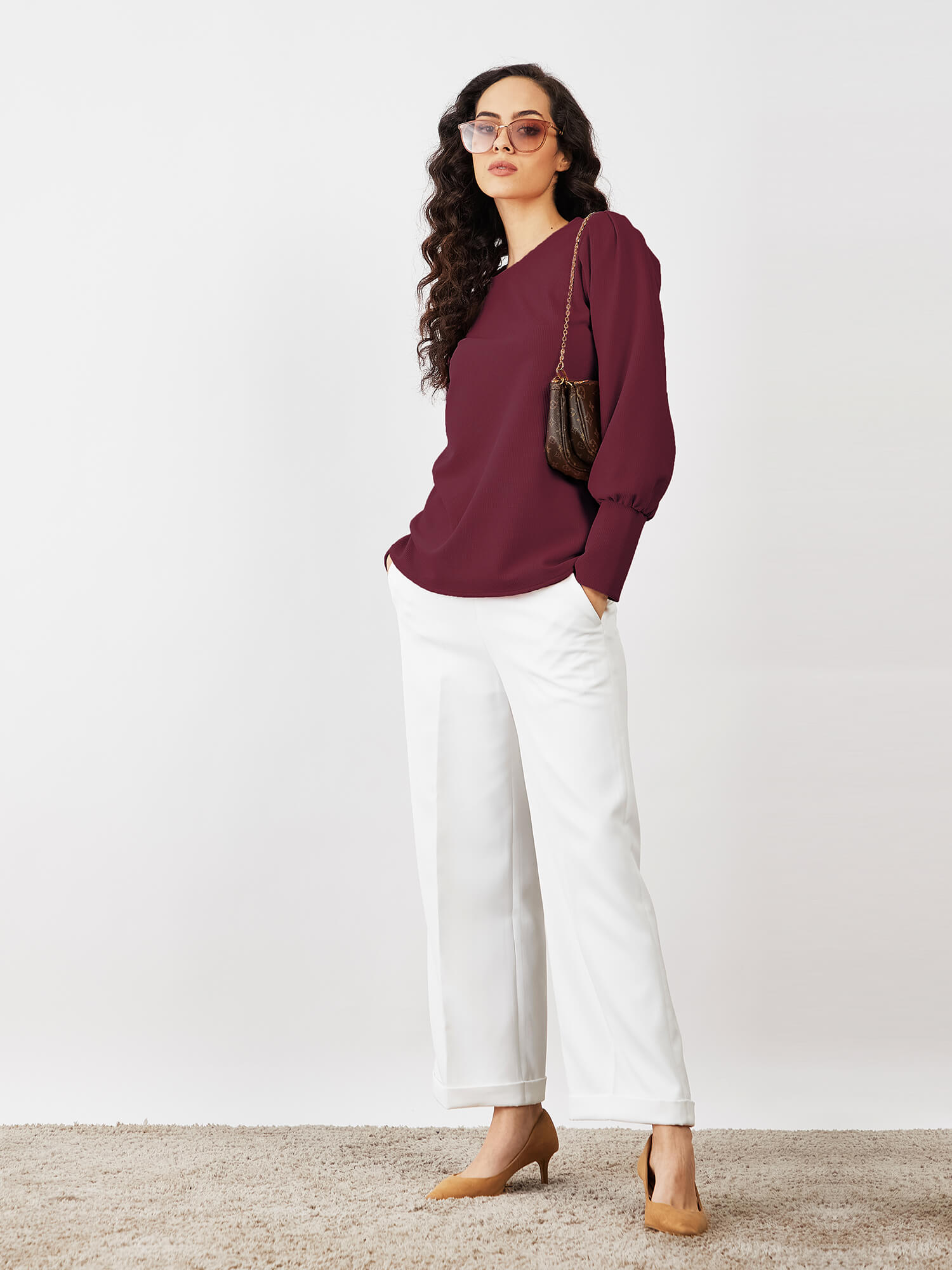 Apple Blossom Puffed Sleeves Top-Maroon