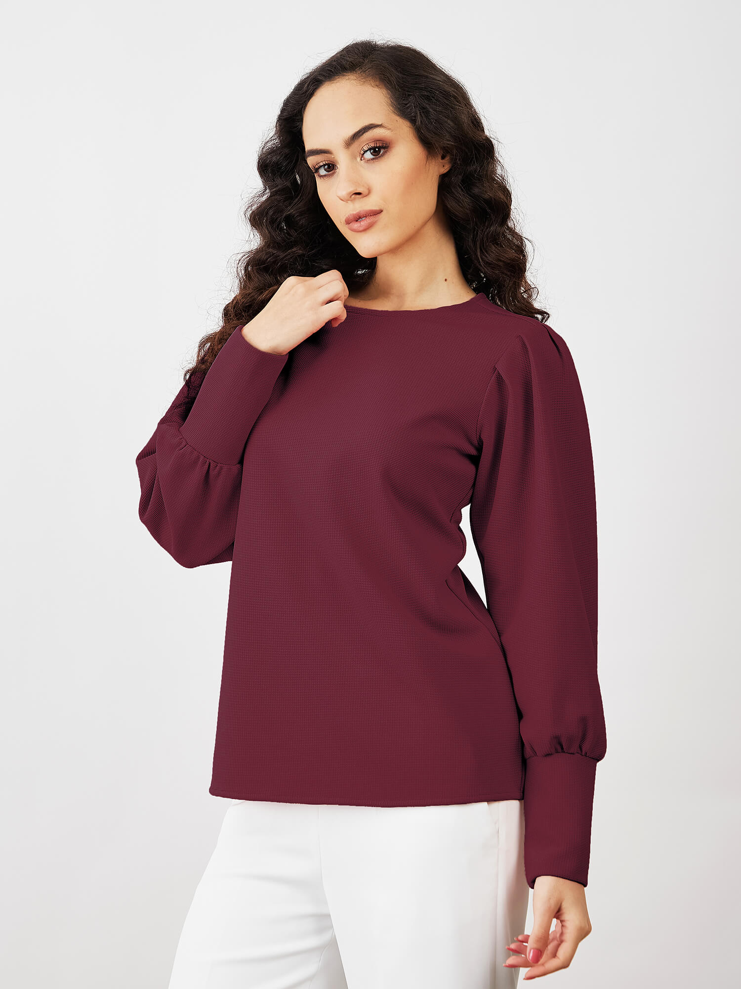 Apple Blossom Puffed Sleeves Top-Maroon