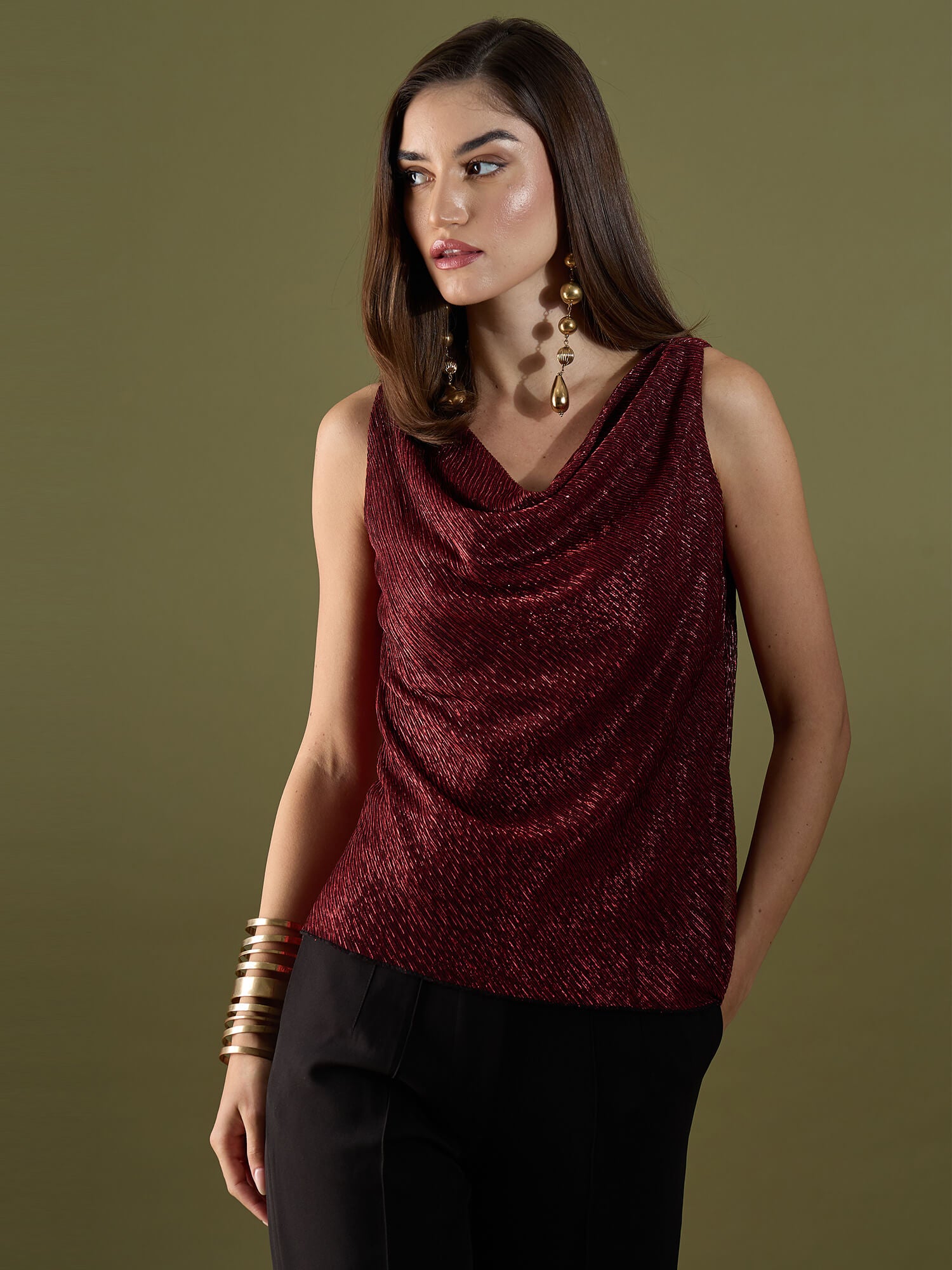 Delora Plisse Cowl Neckline Top - Red
