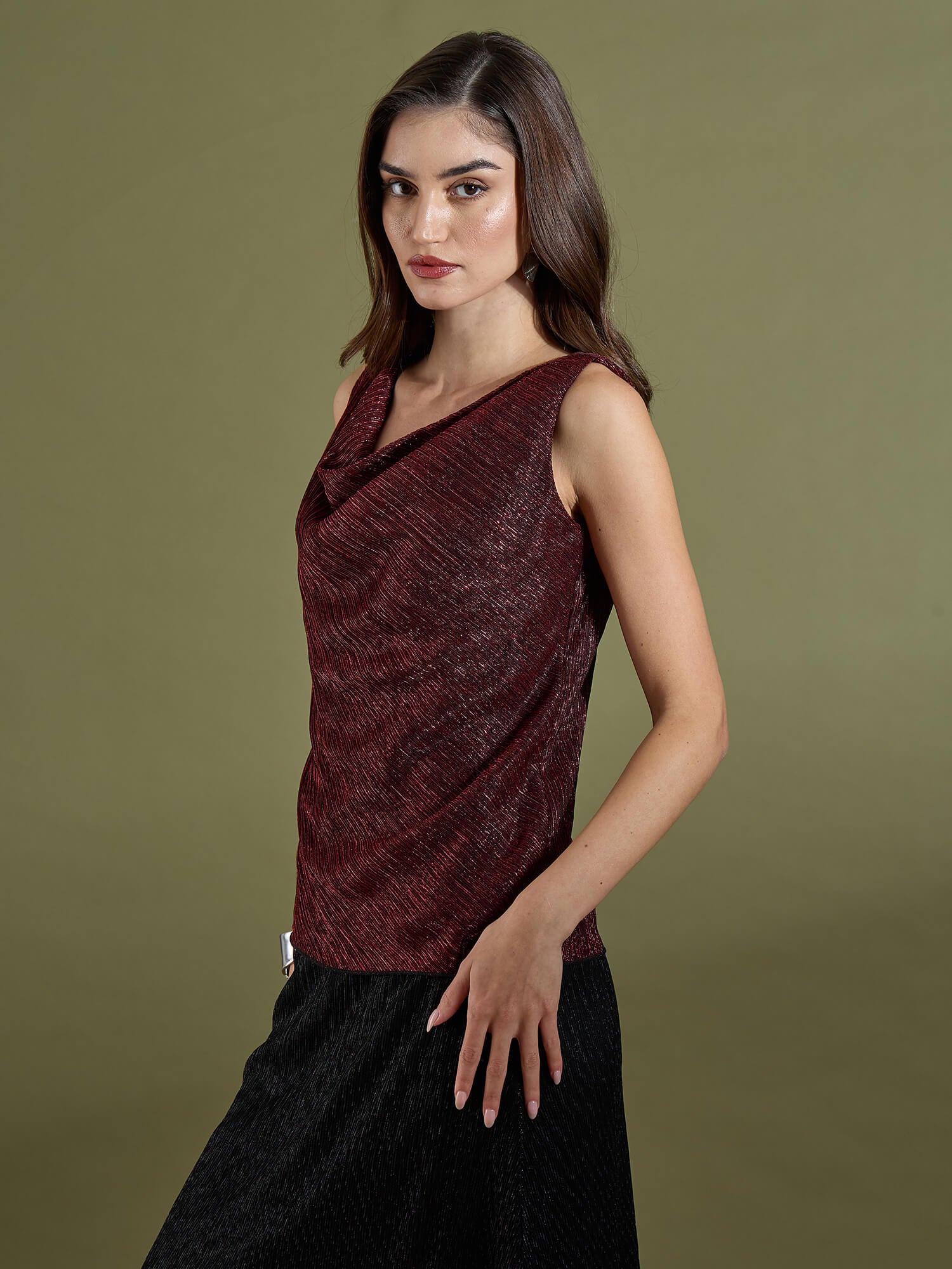Delora Plisse Cowl Neckline Top - Red