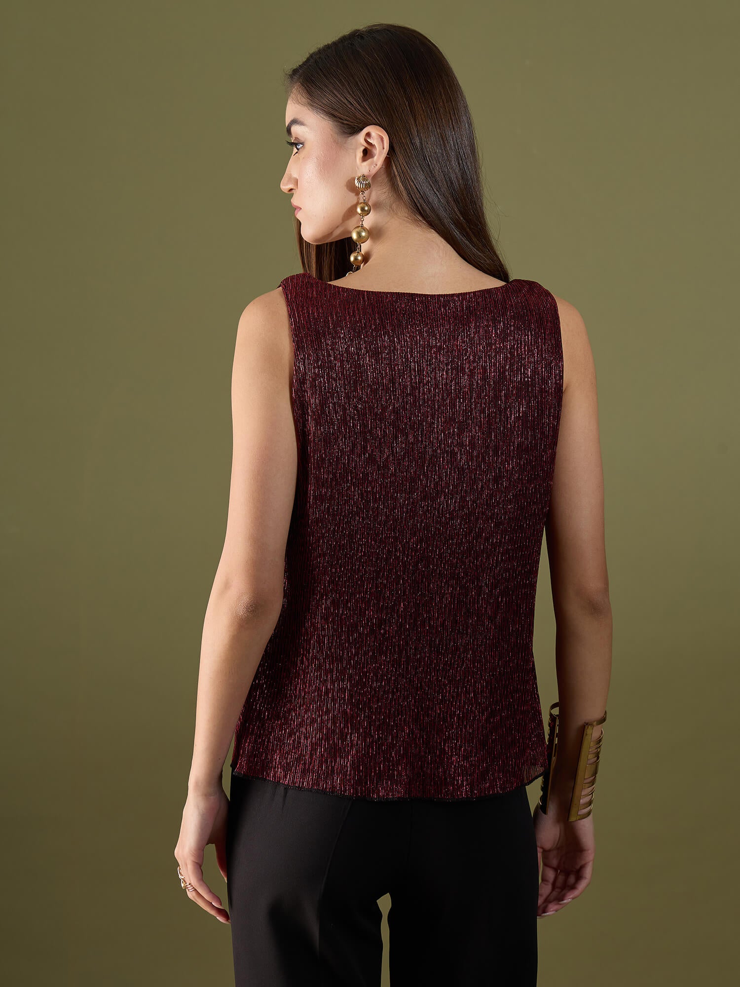 Delora Plisse Cowl Neckline Top - Red