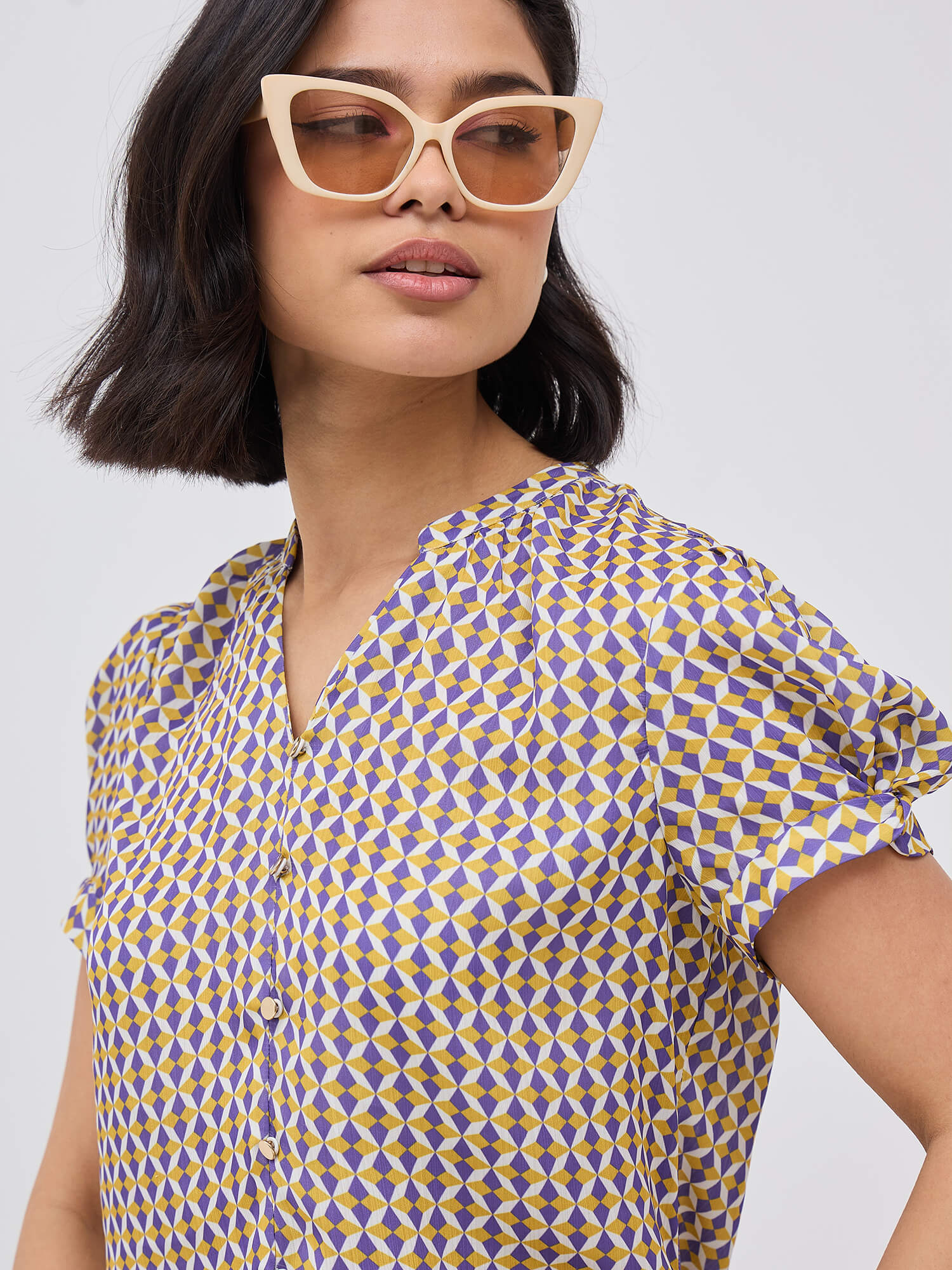 Cluster Embellished Puff Sleeve Top-Multi