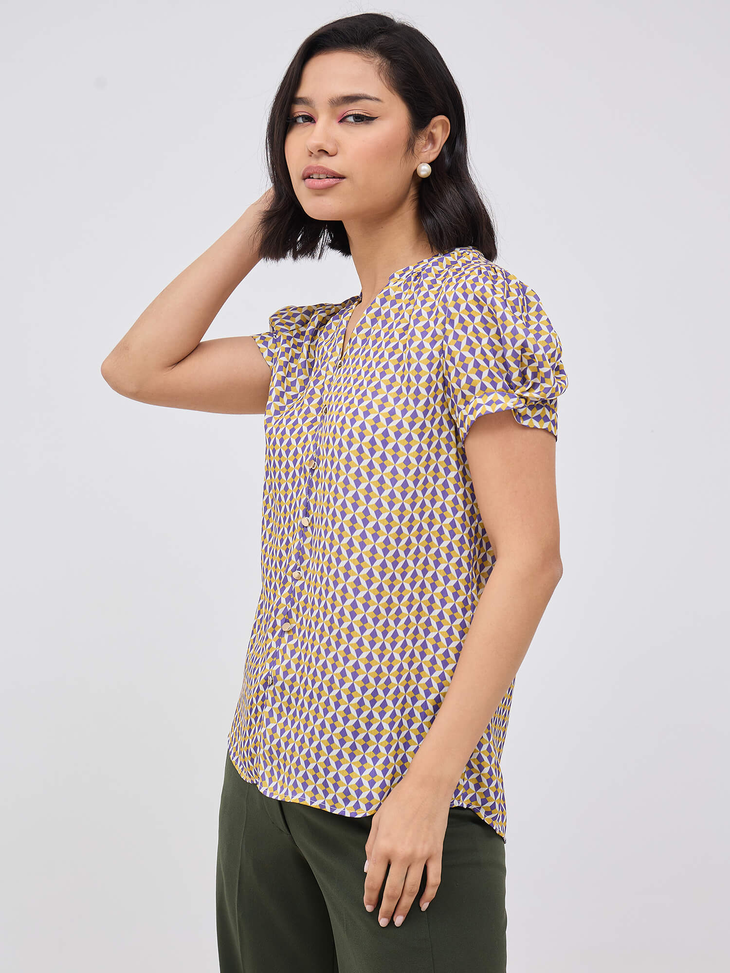Cluster Embellished Puff Sleeve Top-Multi