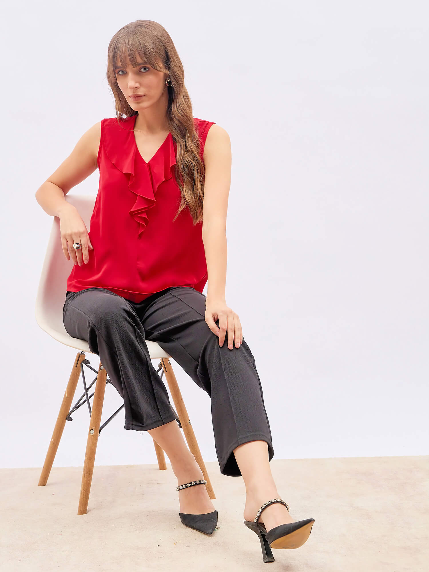 Desire Ruffled Neckline Sleeveless Top - Red