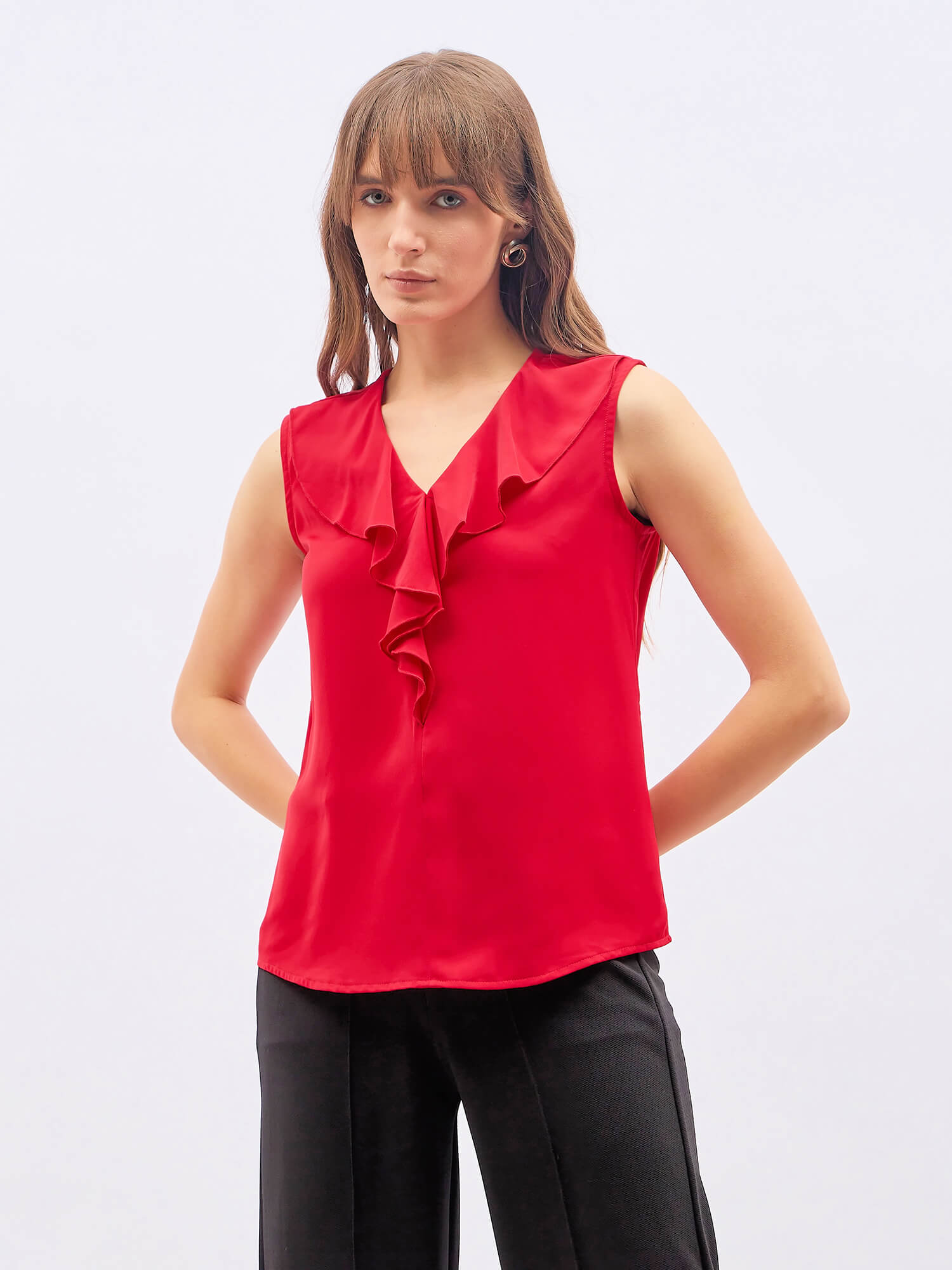 Desire Ruffled Neckline Sleeveless Top - Red