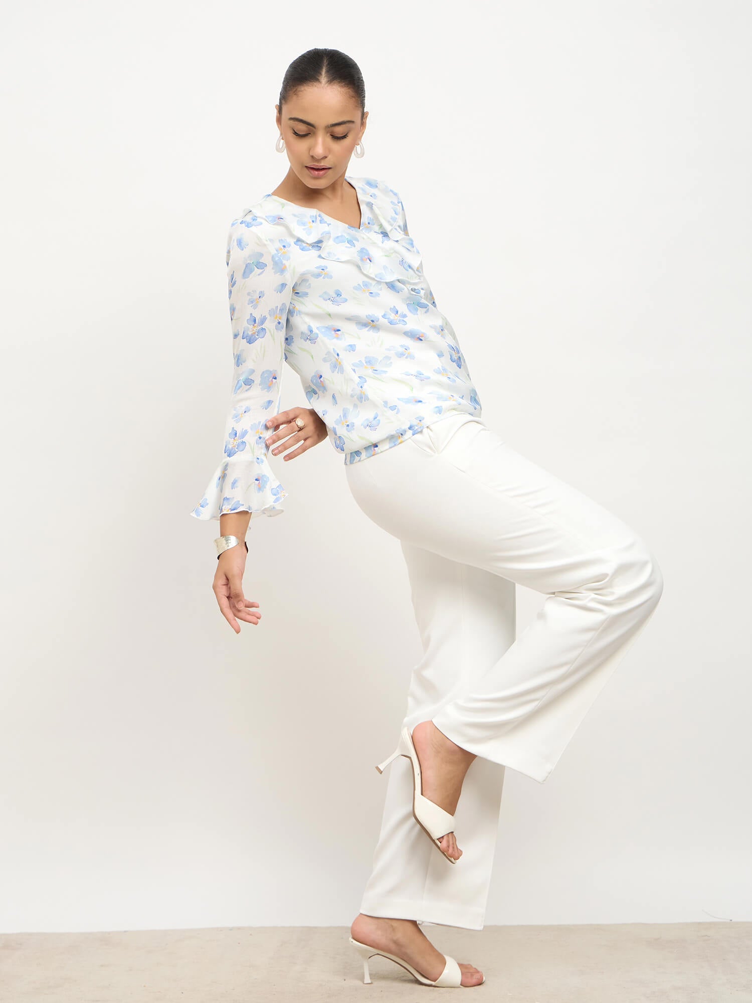 Vesper V-Neck Ruffle Top-White
