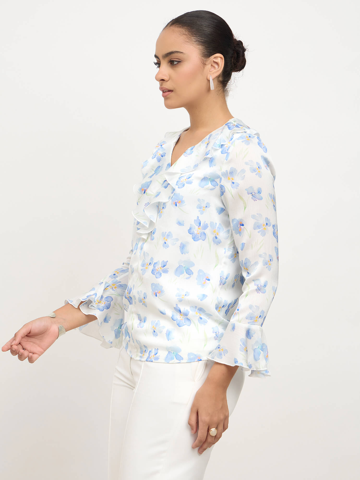 Vesper V-Neck Ruffle Top-White