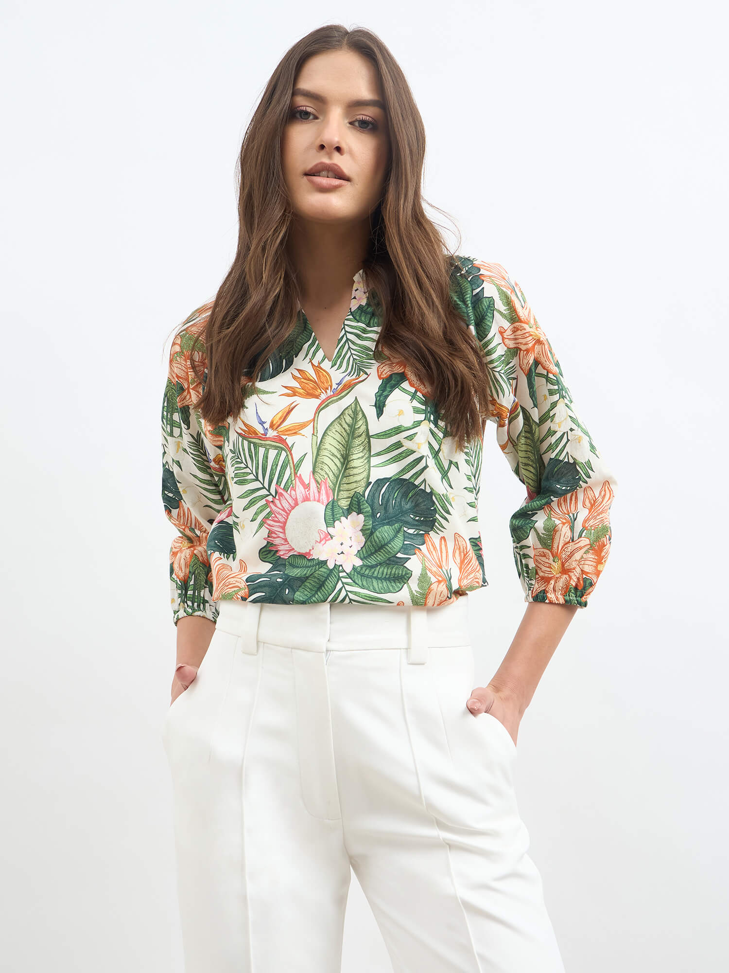 Seagrass Notch Neck Gathered Top-Multicolor