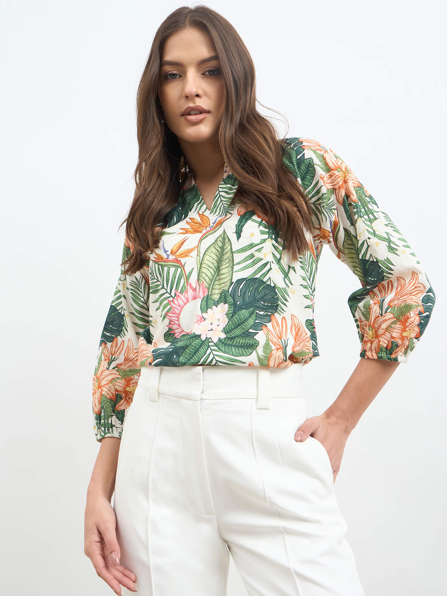 Seagrass Notch Neck Gathered Top-Multicolor