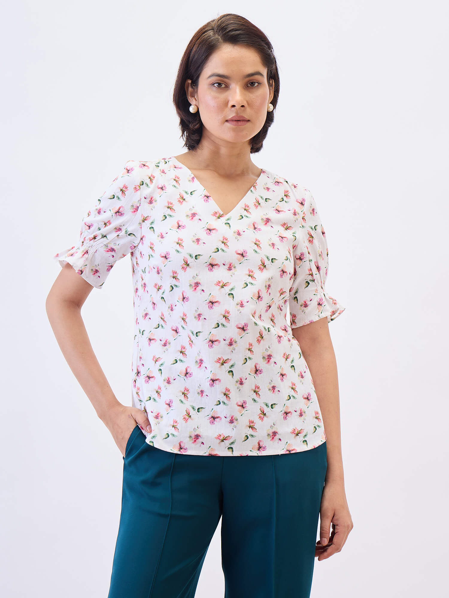 Mariel V neck puff sleeve top-pink&white