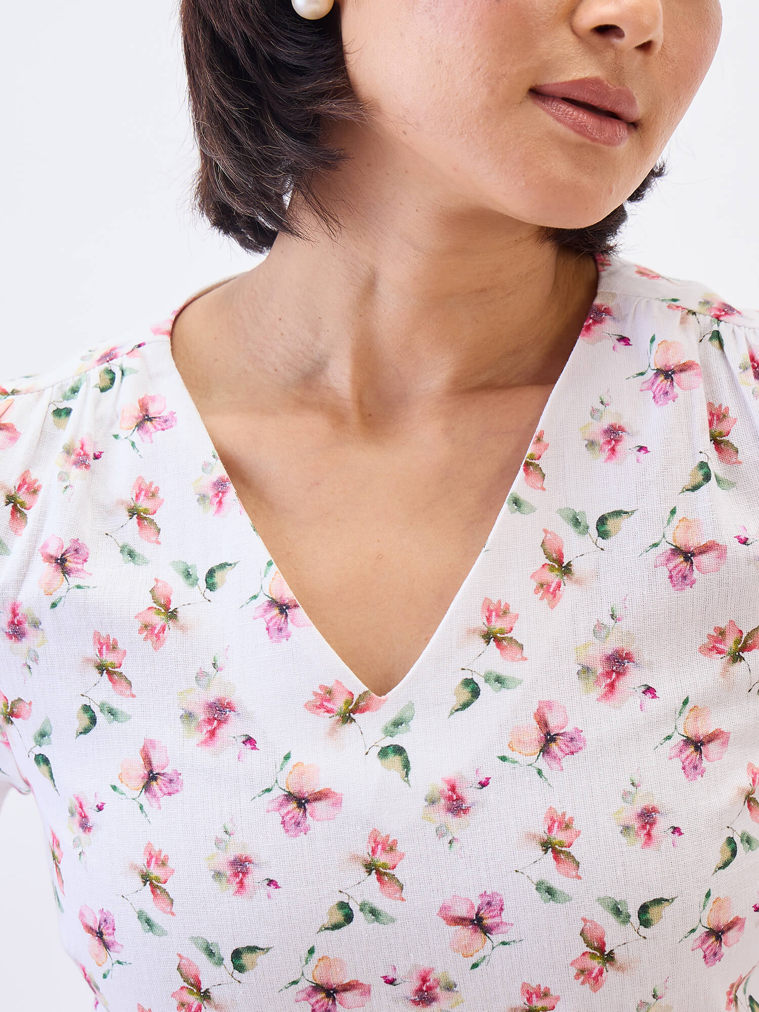 Mariel V neck puff sleeve top-pink&white