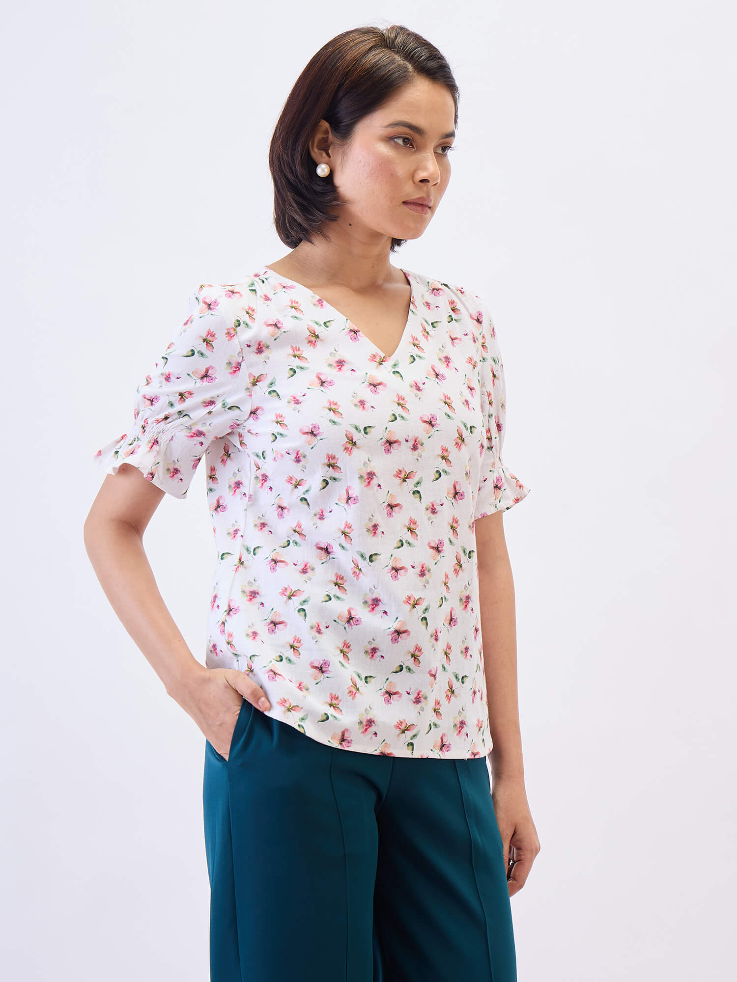 Mariel V neck puff sleeve top-pink&white