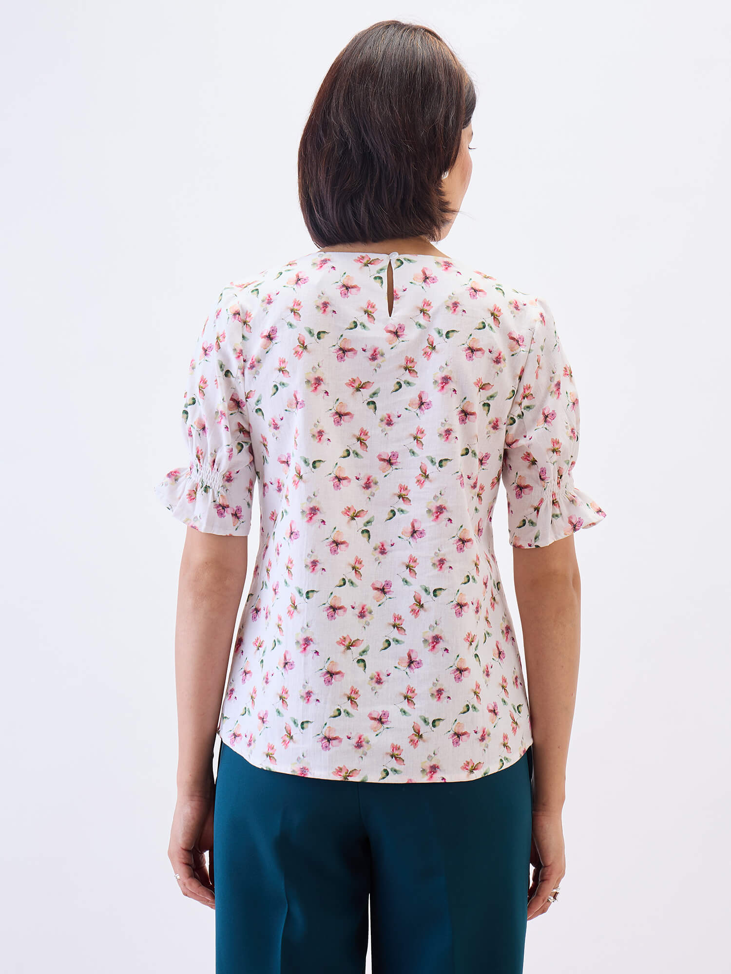 Mariel V neck puff sleeve top-pink&white