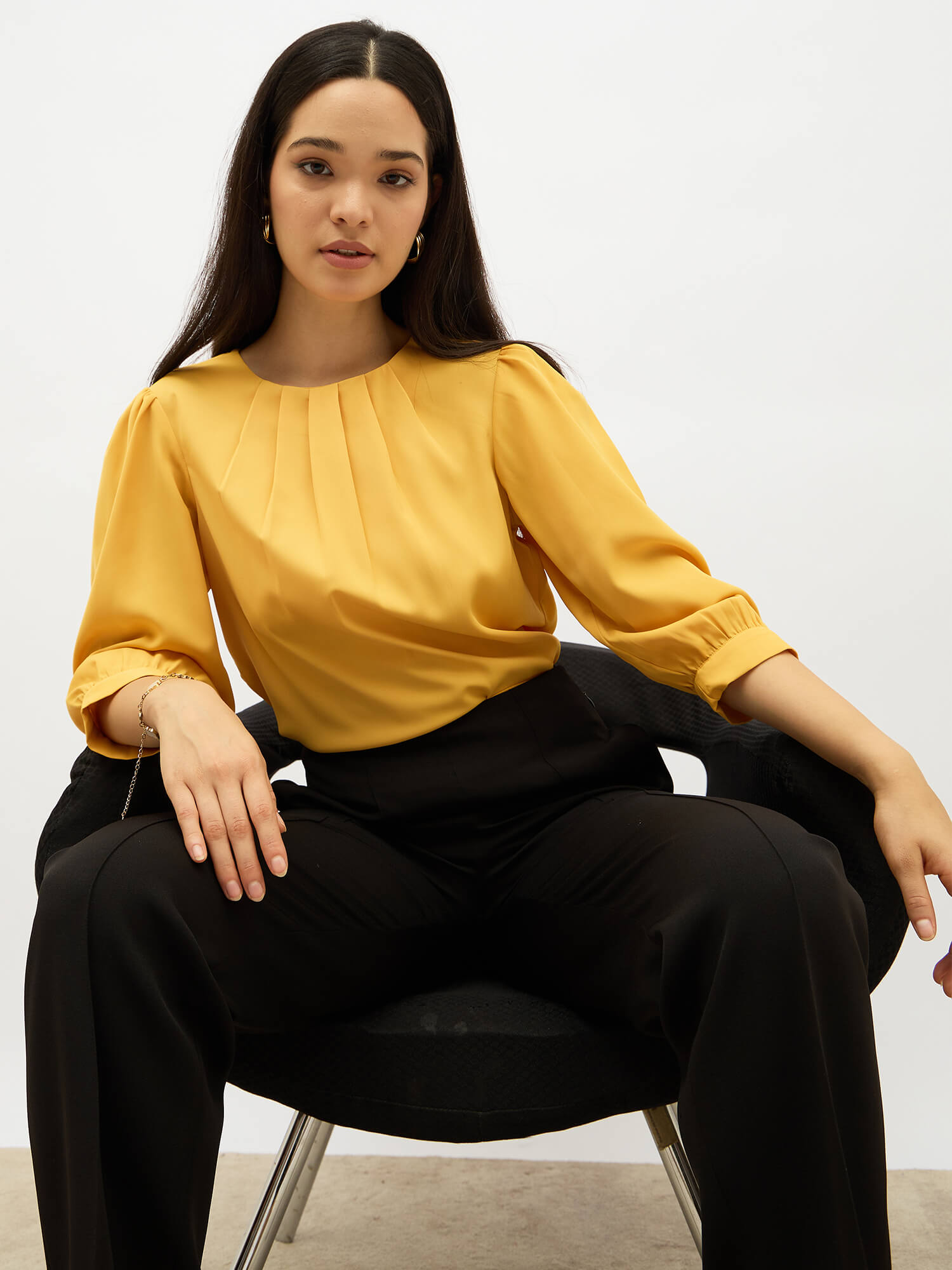 Dawn Pleated Neckline Top- Yellow