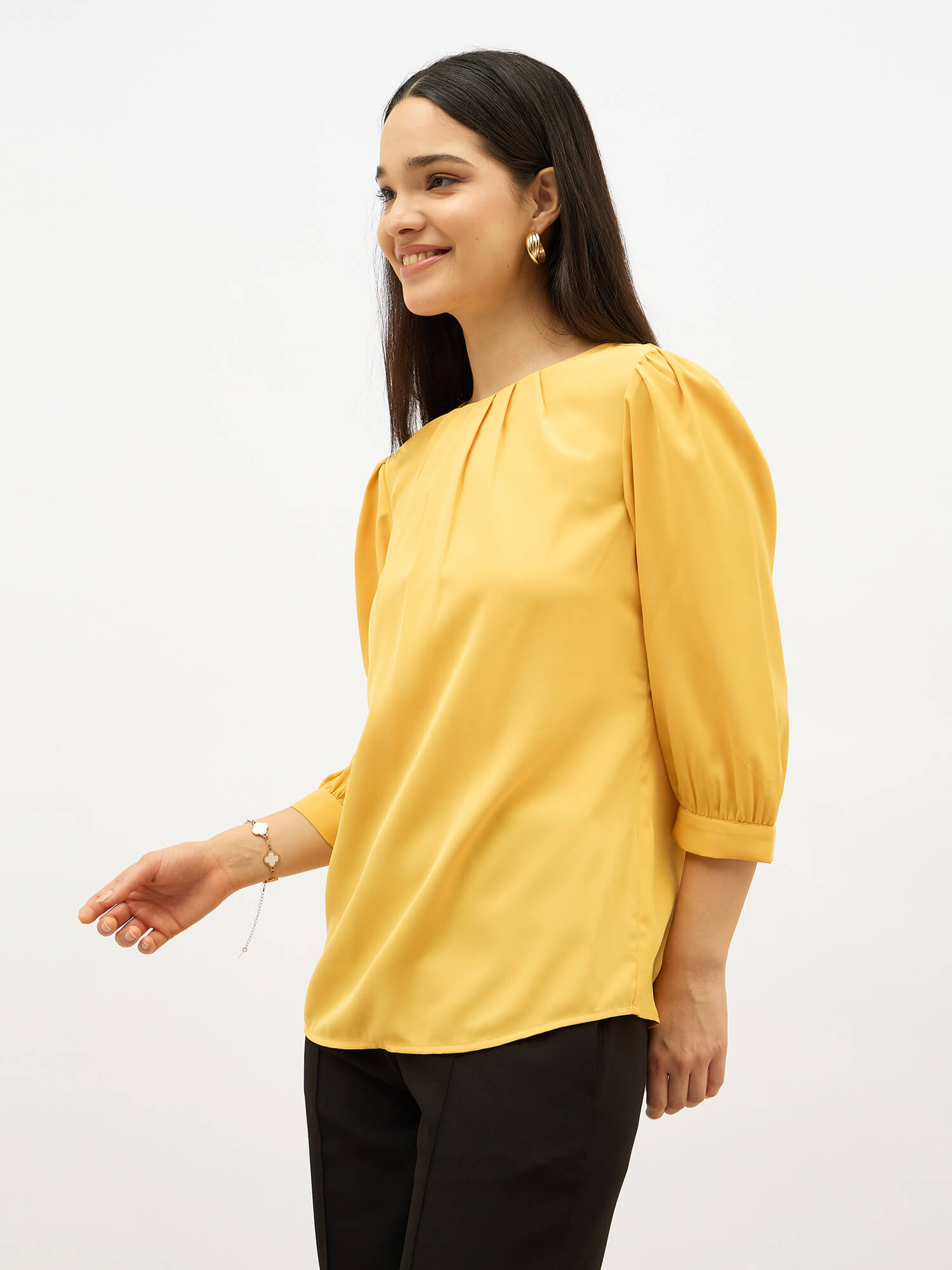 Dawn Pleated Neckline Top- Yellow