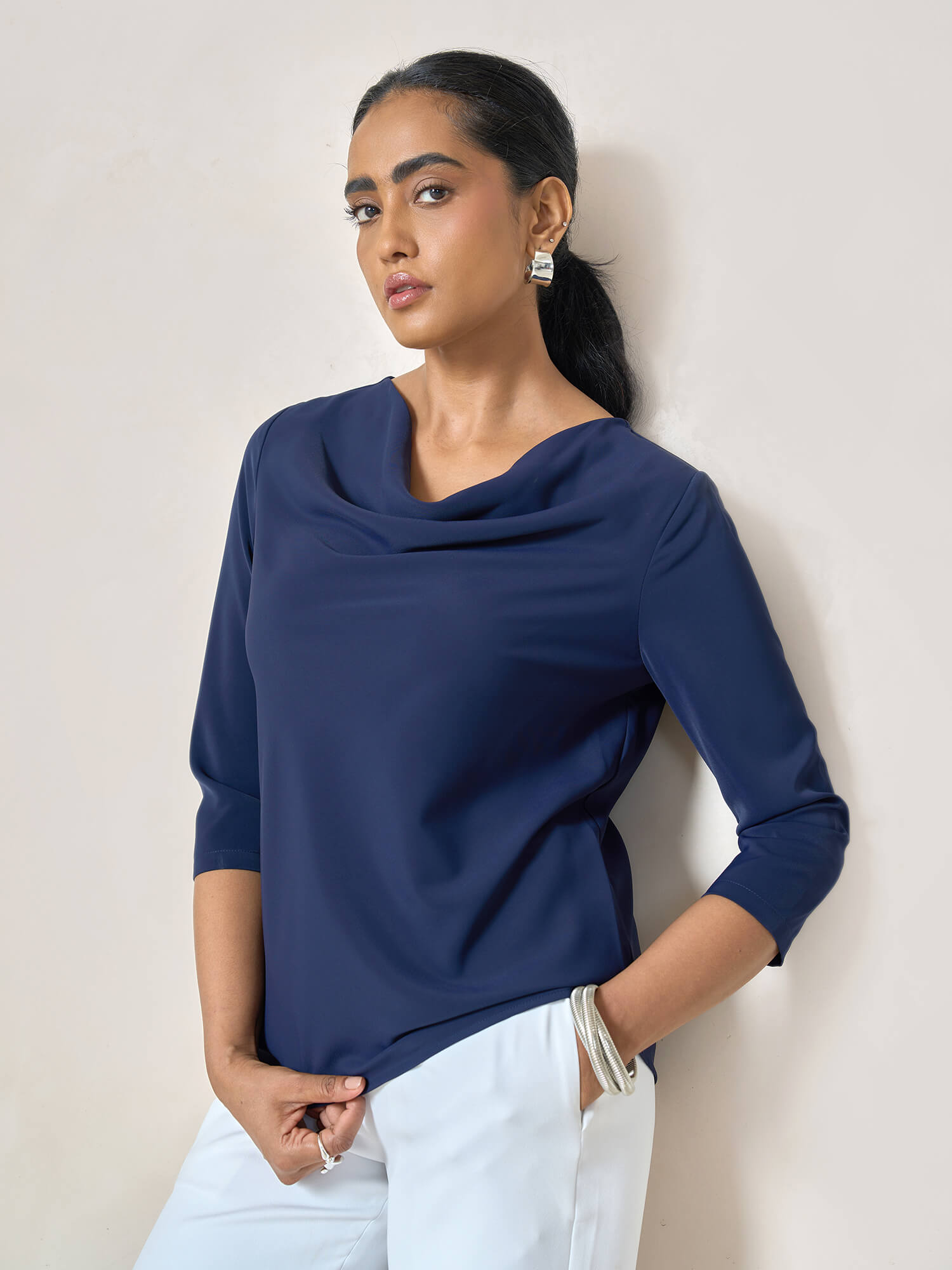 Intuition Cowl Neck Top-Navy