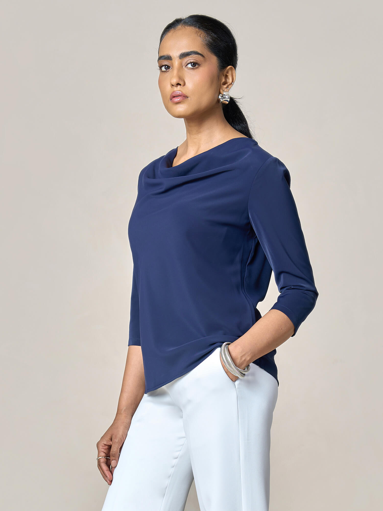 Intuition Cowl Neck Top-Navy