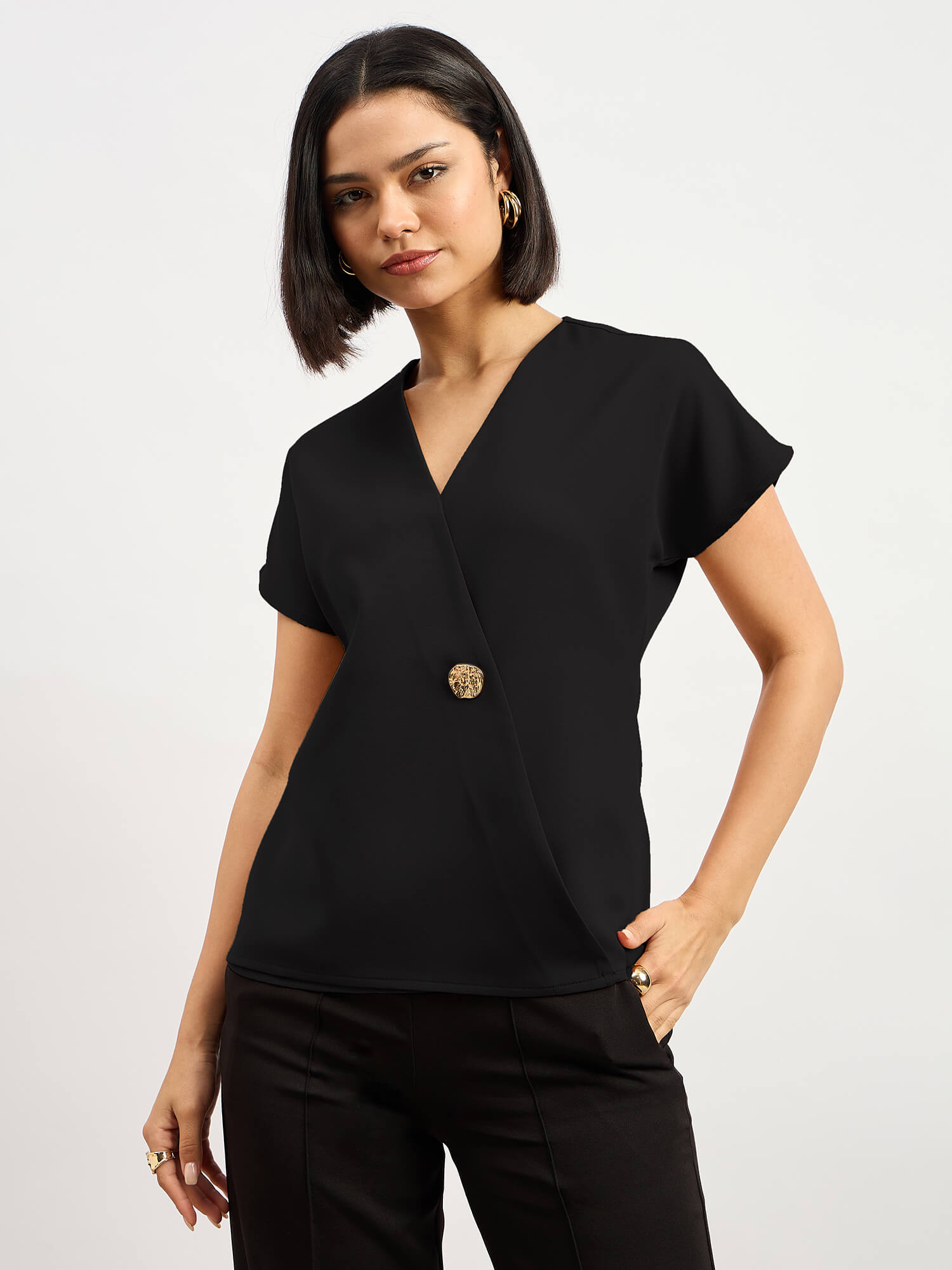 Brogia Overlap Embellished Top-Black