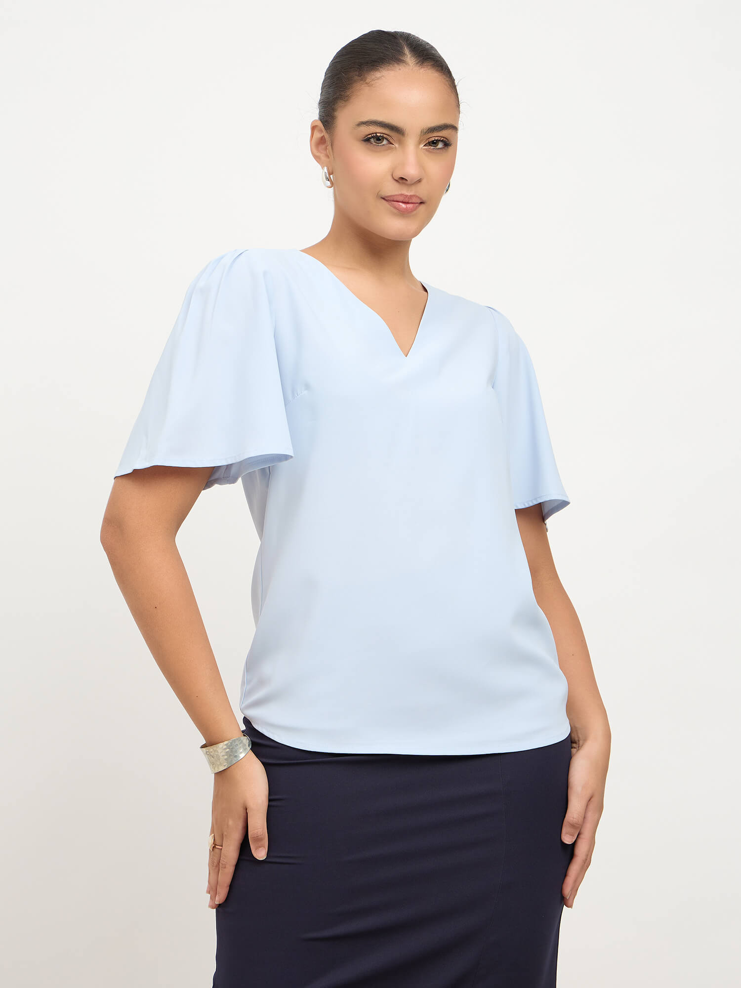 Elix Flared Sleeves V-neck Top-Powder Blue