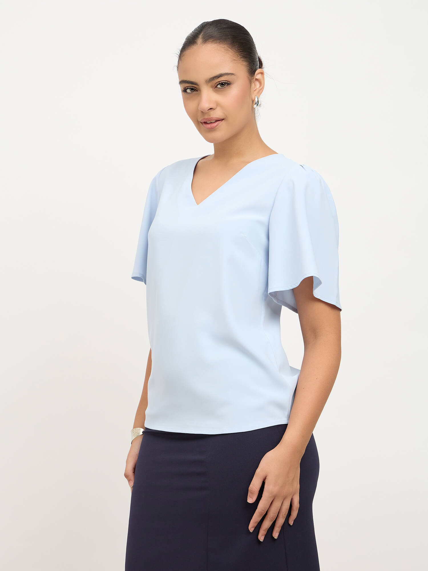 Elix Flared Sleeves V-neck Top-Powder Blue