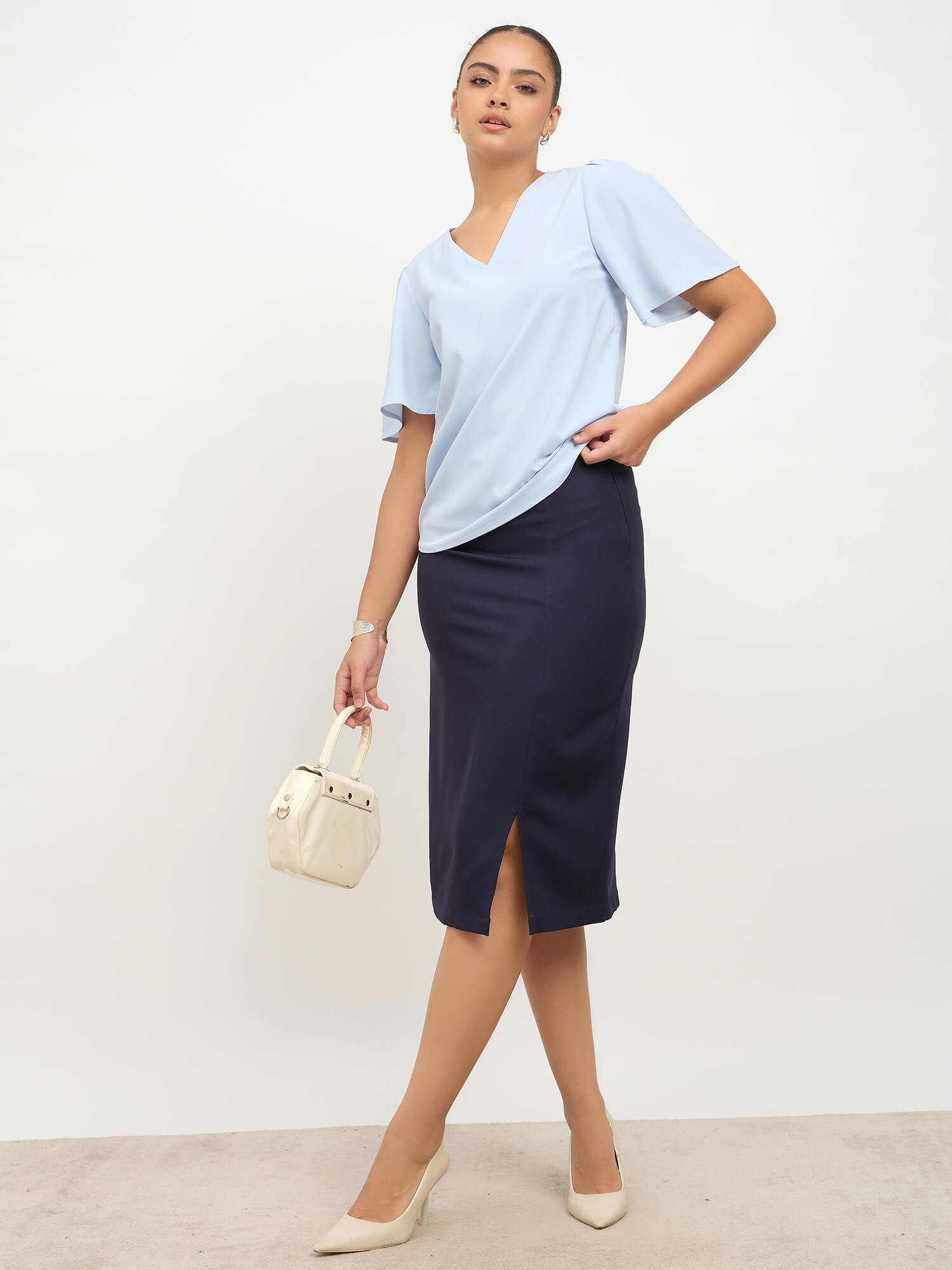 Elix Flared Sleeves V-neck Top-Powder Blue