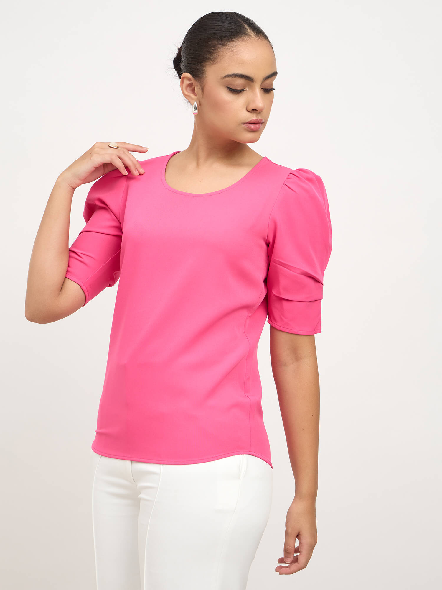 Soluna Gathered Sleeves Round Neck Top-Hot Pink