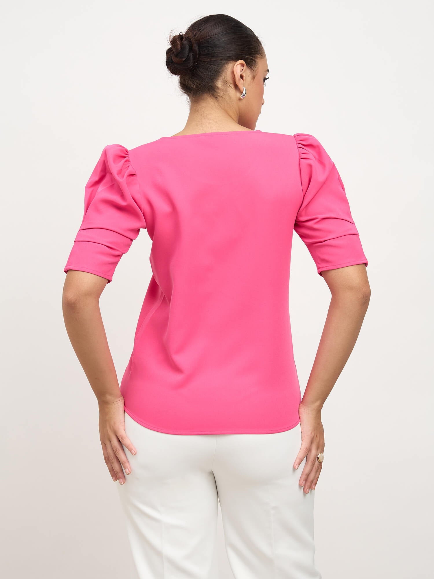 Soluna Gathered Sleeves Round Neck Top-Hot Pink