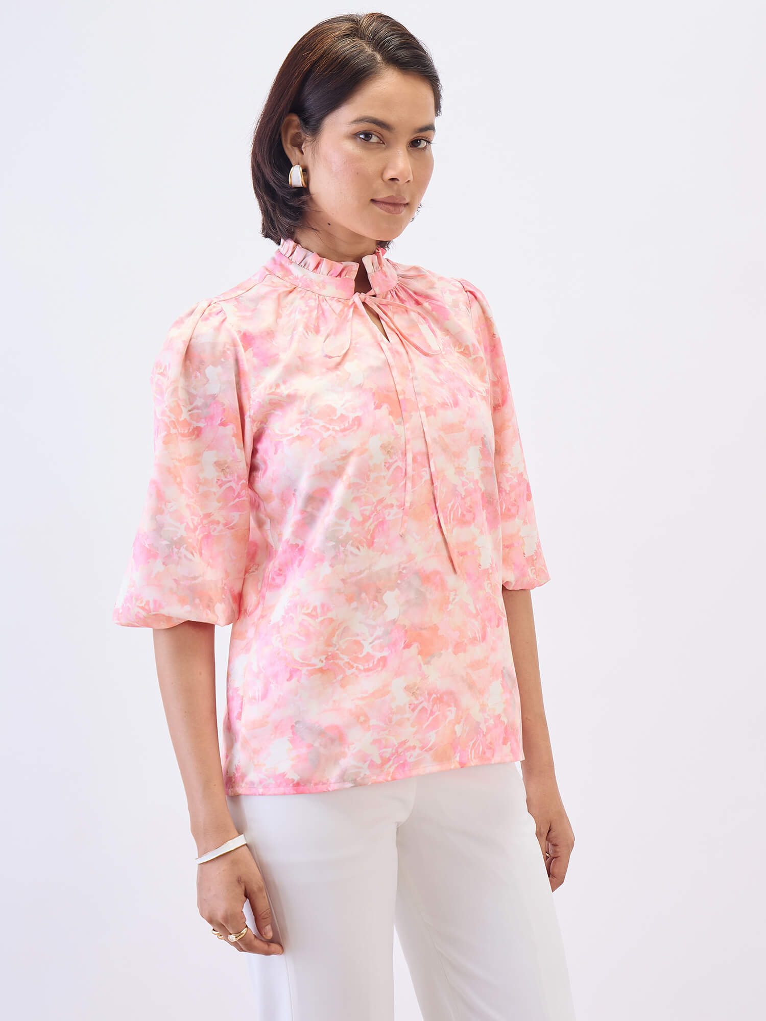 Zephyra Tie-up Ruffle Neck Top-Multi