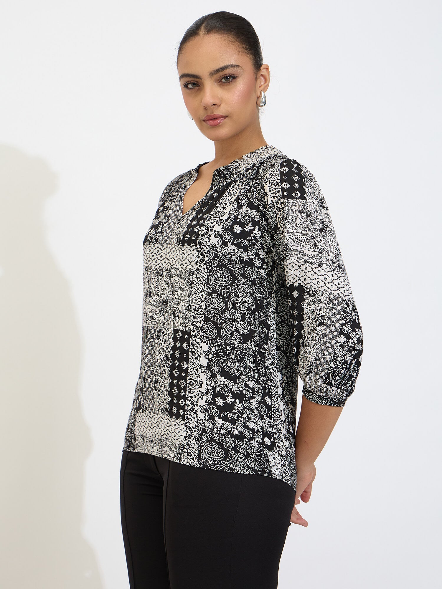 Jumble Smocked Neck Top-Black & White