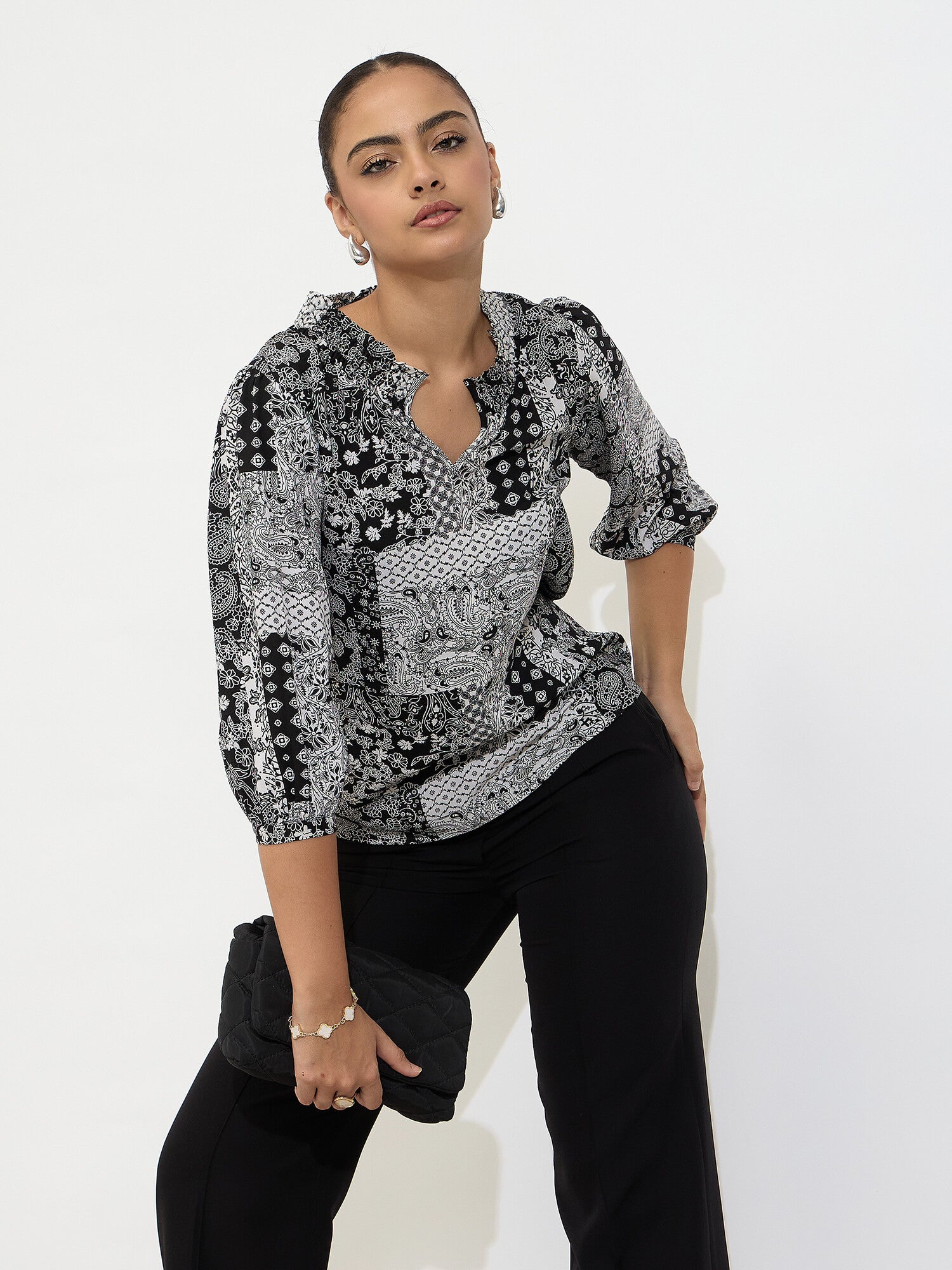 Jumble Smocked Neck Top-Black & White