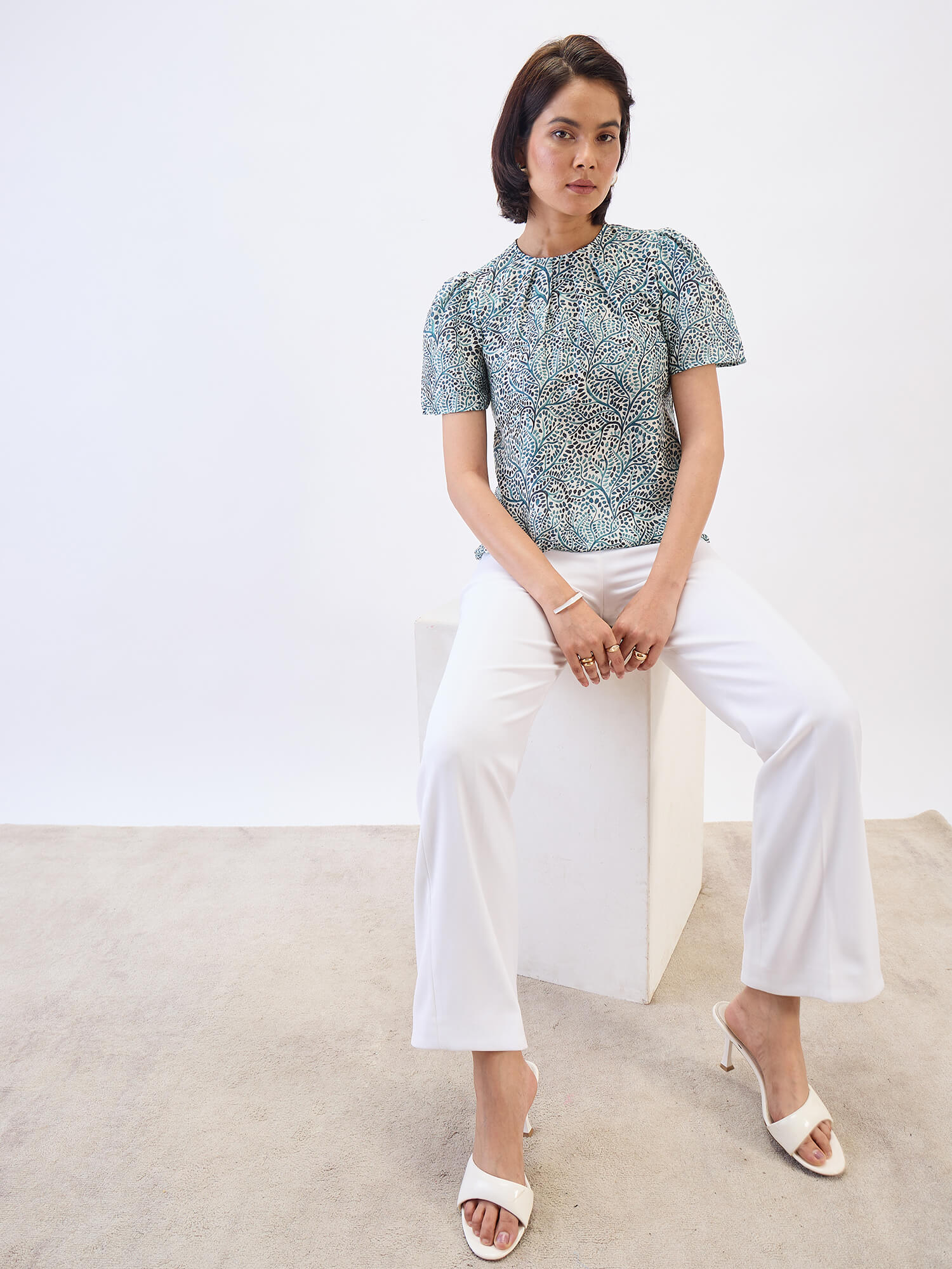 Ravine Pleated Neck Top-Multi