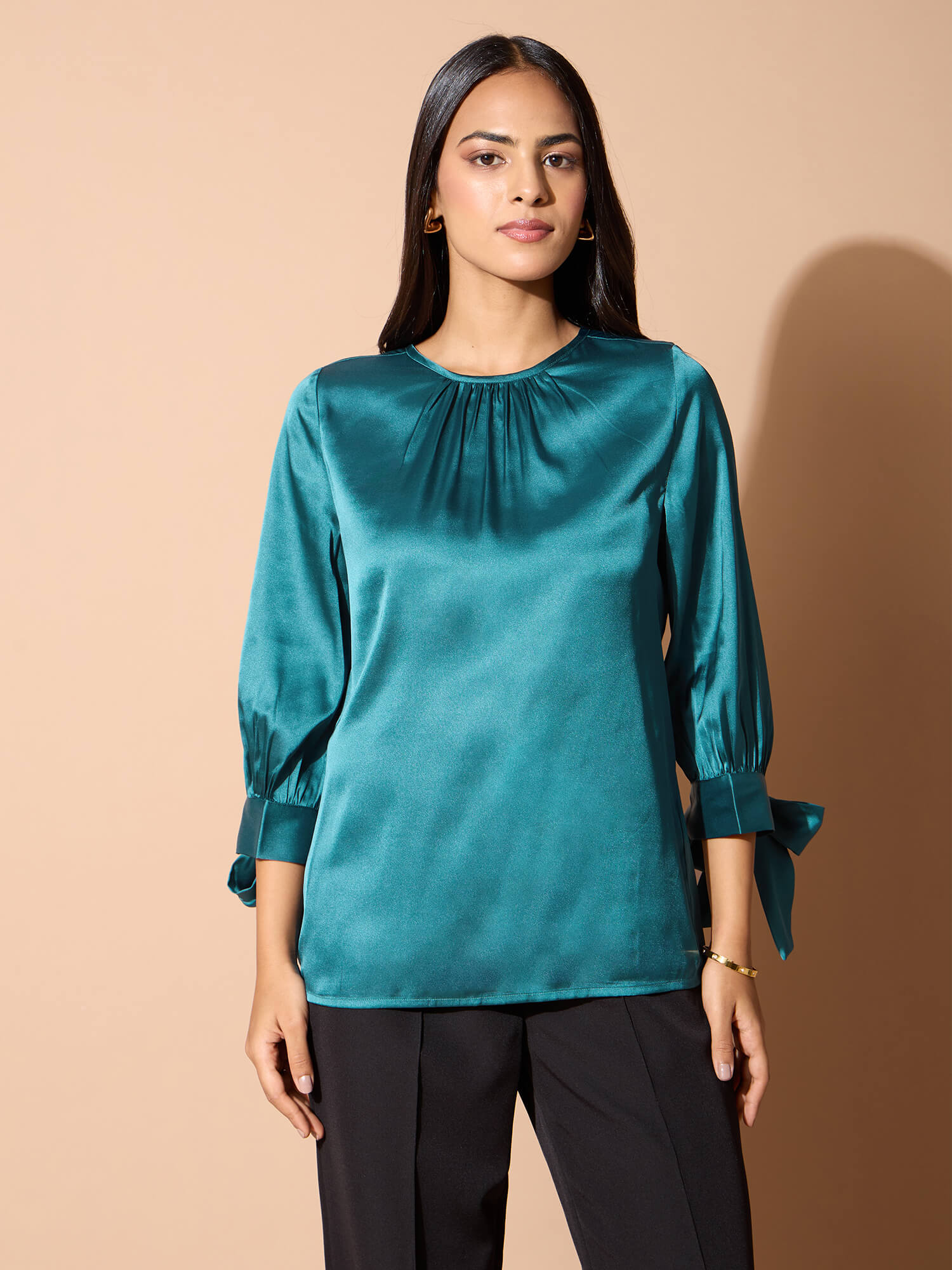 Mirael Tie up Sleeve Top-Teal