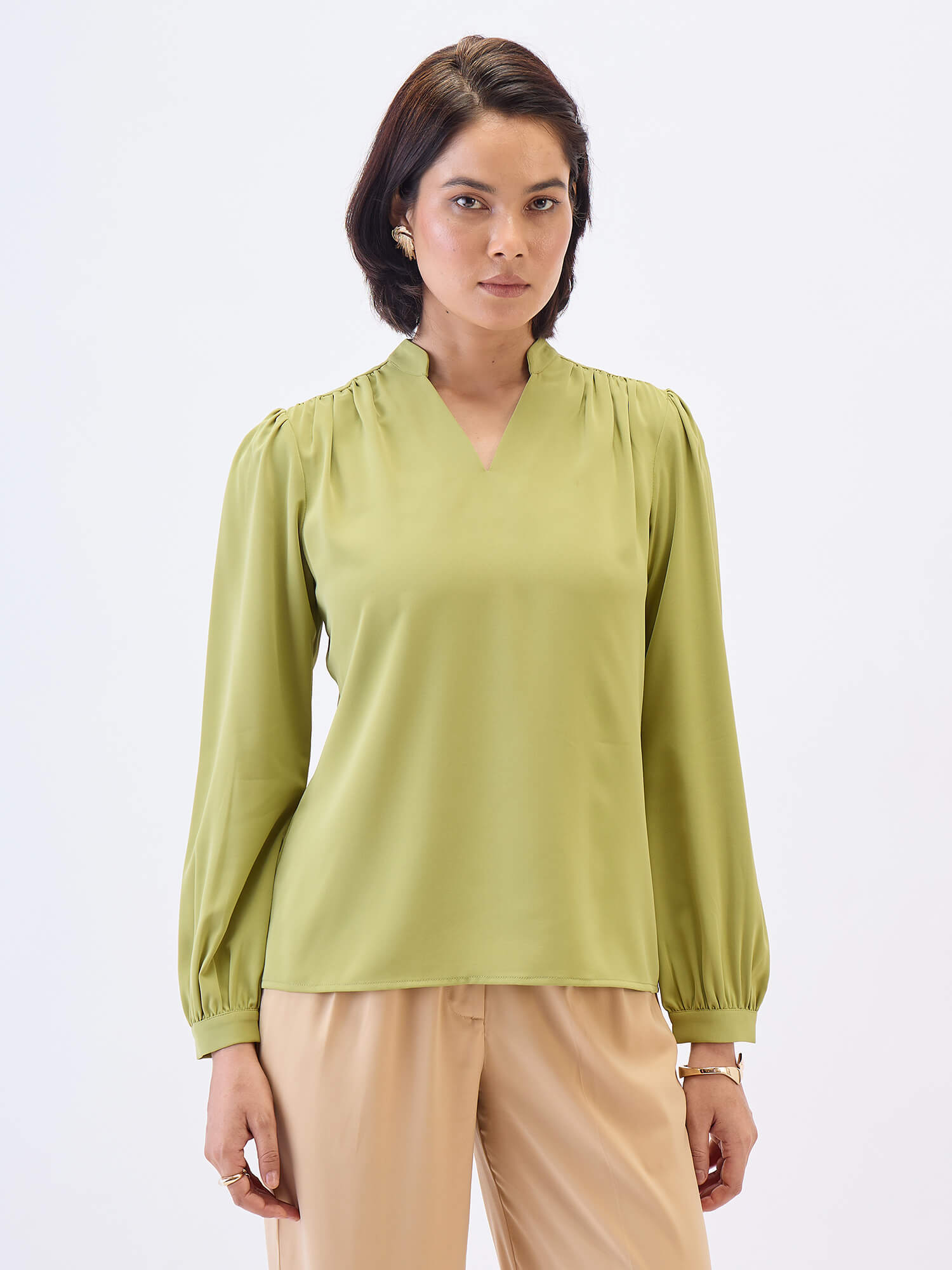 Astral Collared V-Neck Top-Lime Green