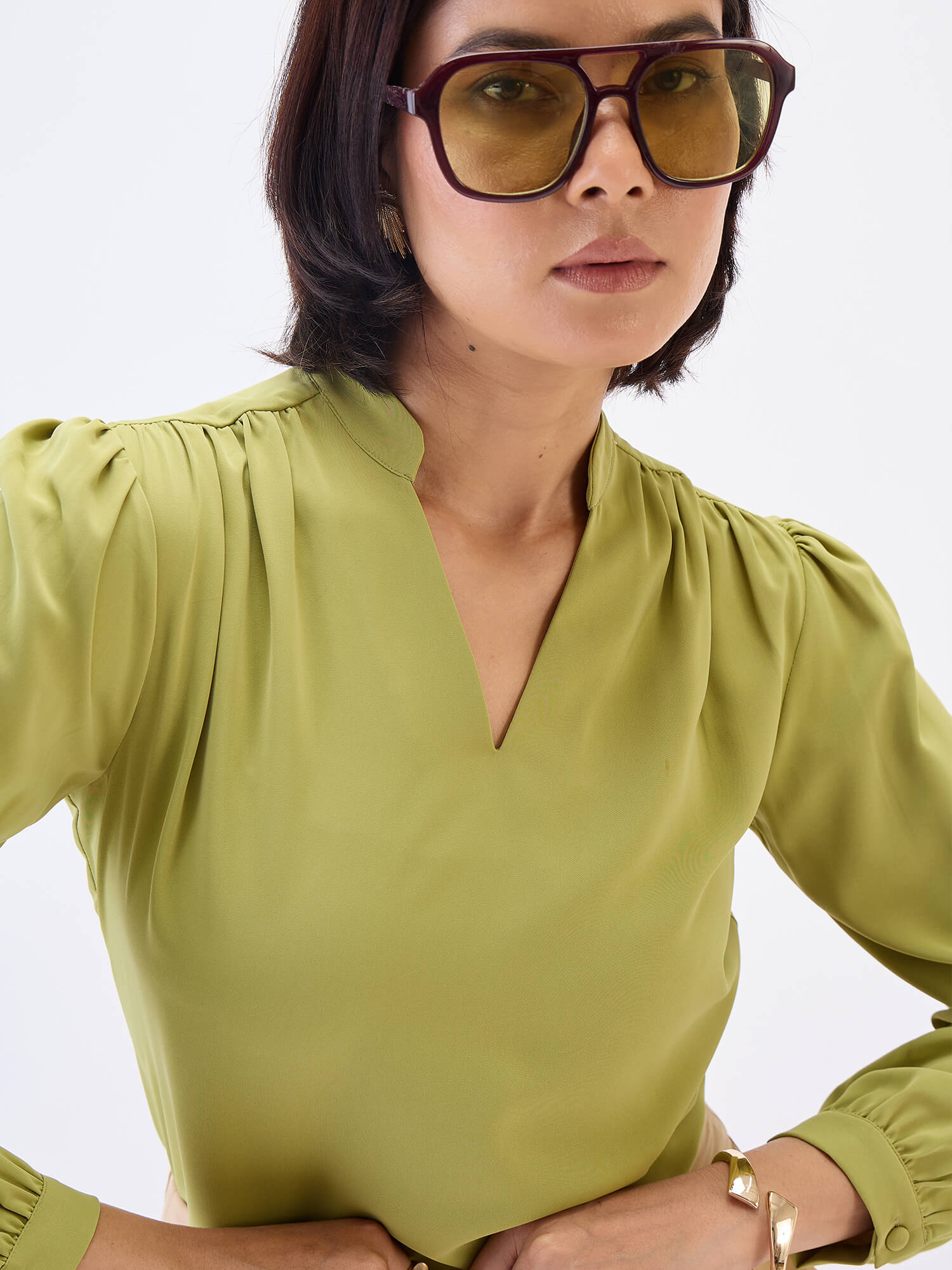 Astral Collared V-Neck Top-Lime Green