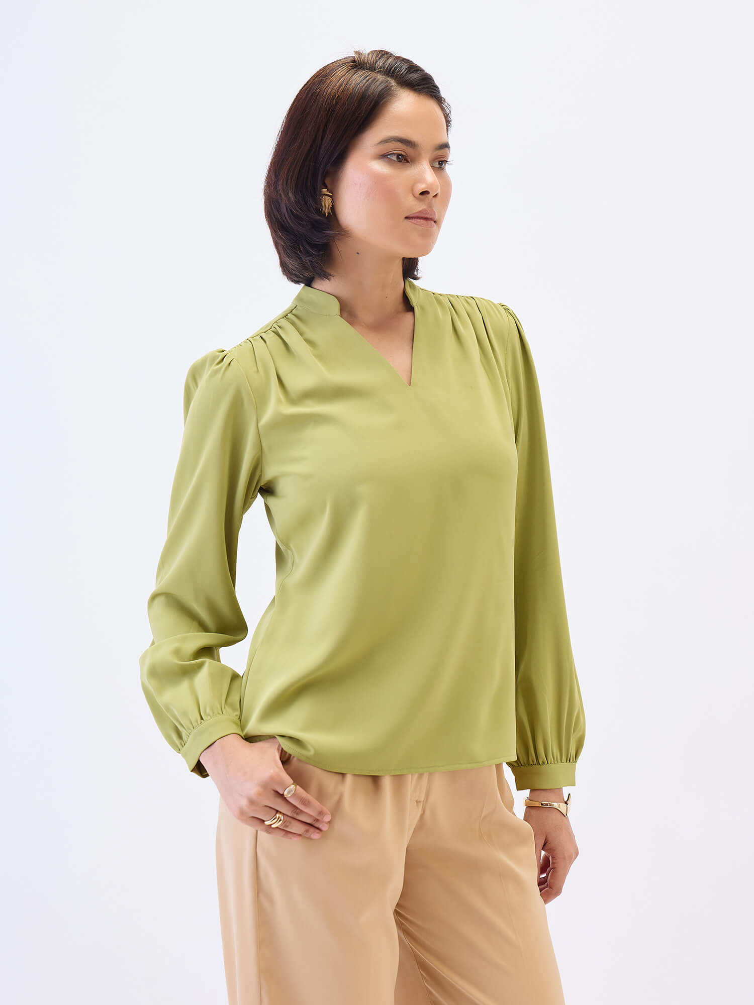 Astral Collared V-Neck Top-Lime Green
