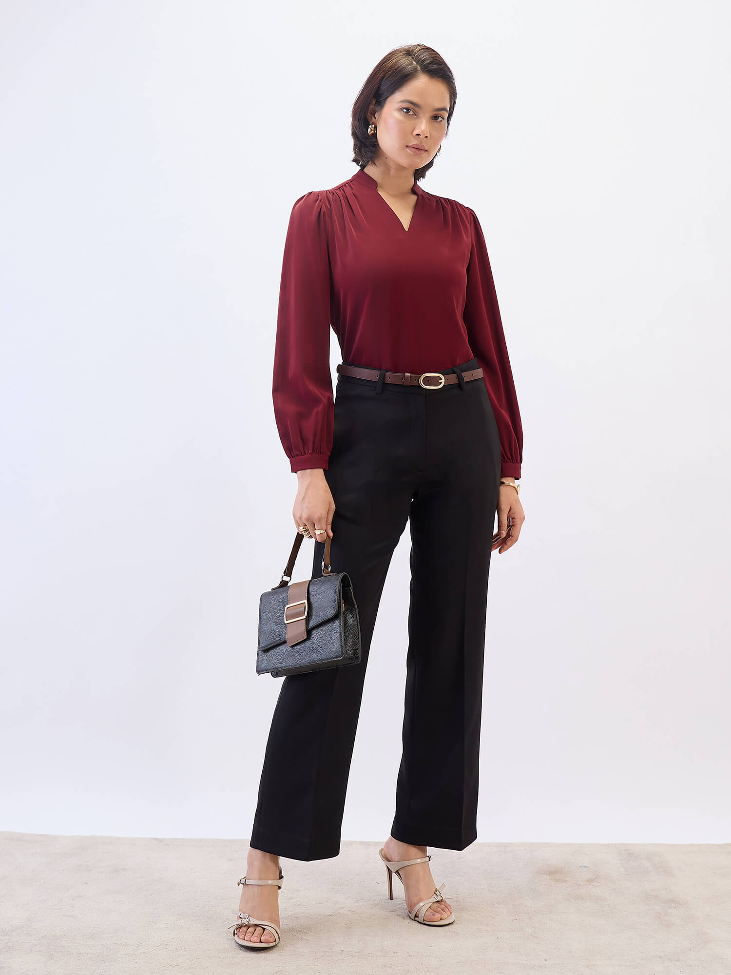 Astral Collared V-Neck Top-Wine