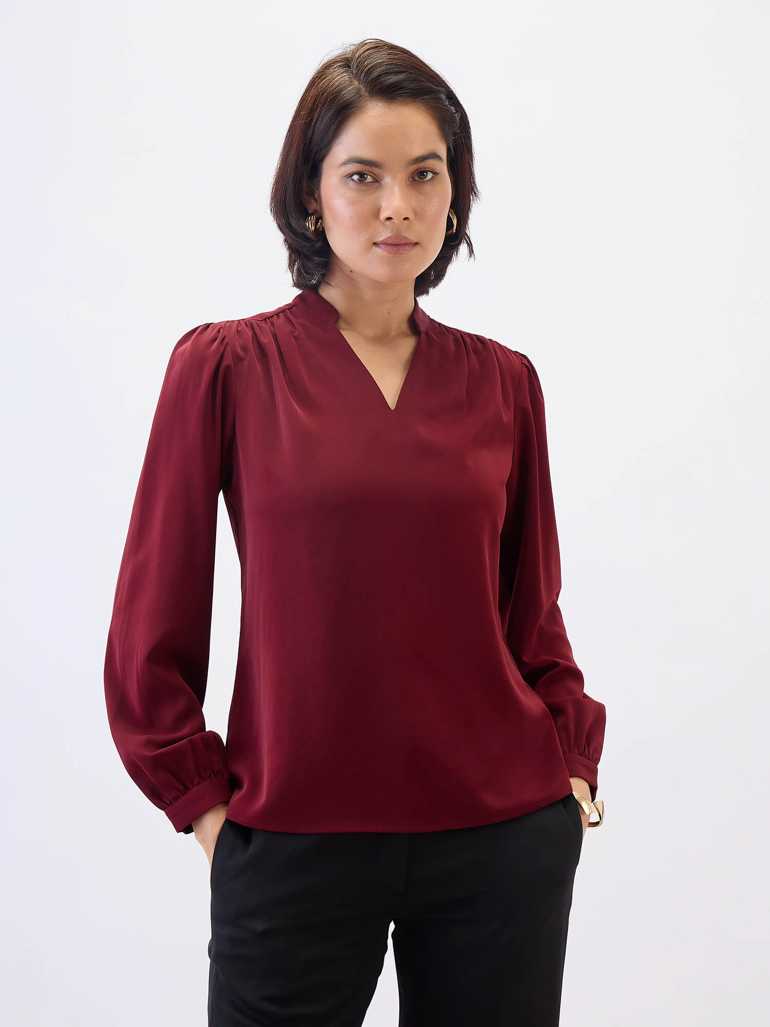 Astral Collared V-Neck Top-Wine