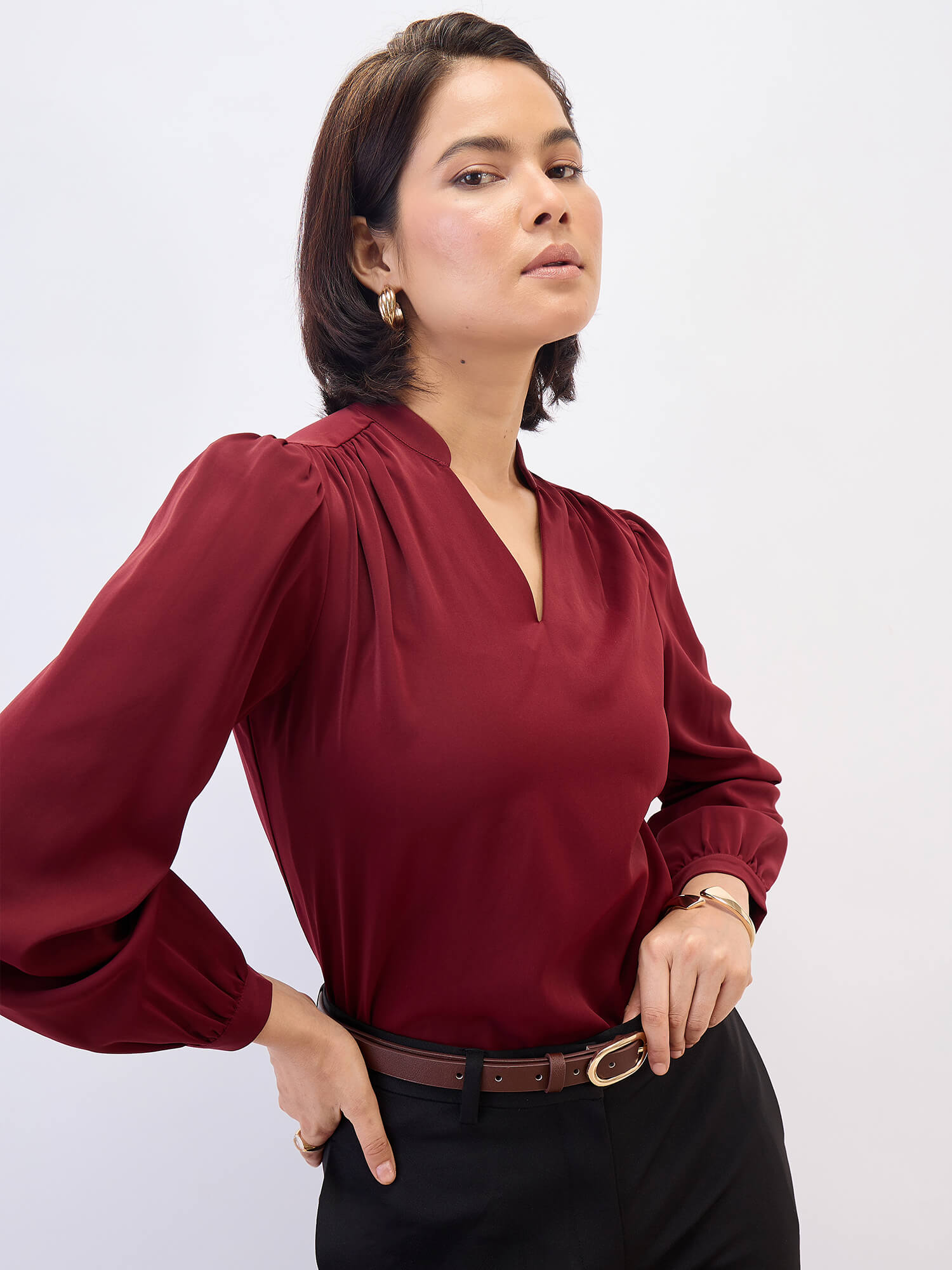 Astral Collared V-Neck Top-Wine