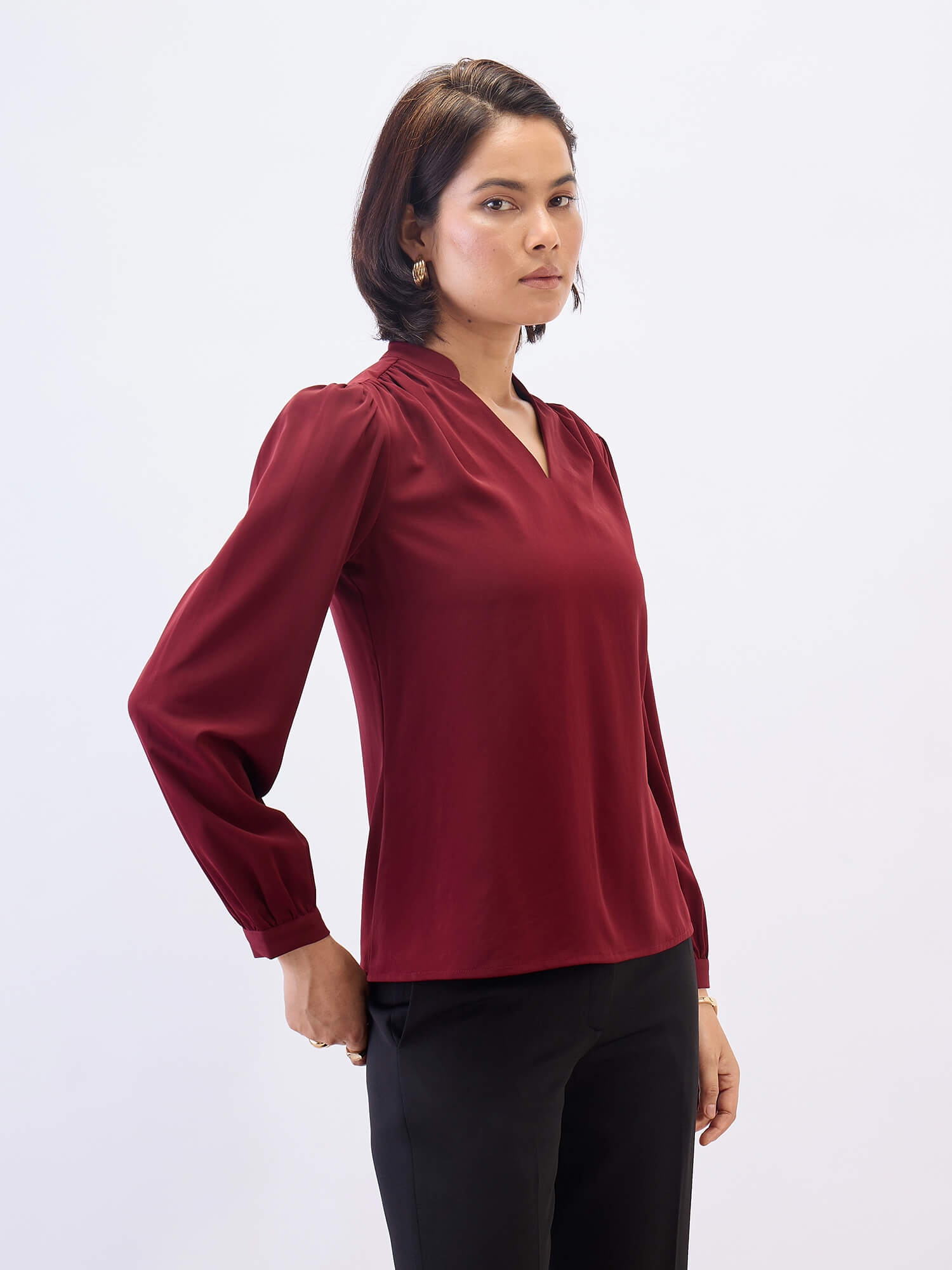Astral Collared V-Neck Top-Wine