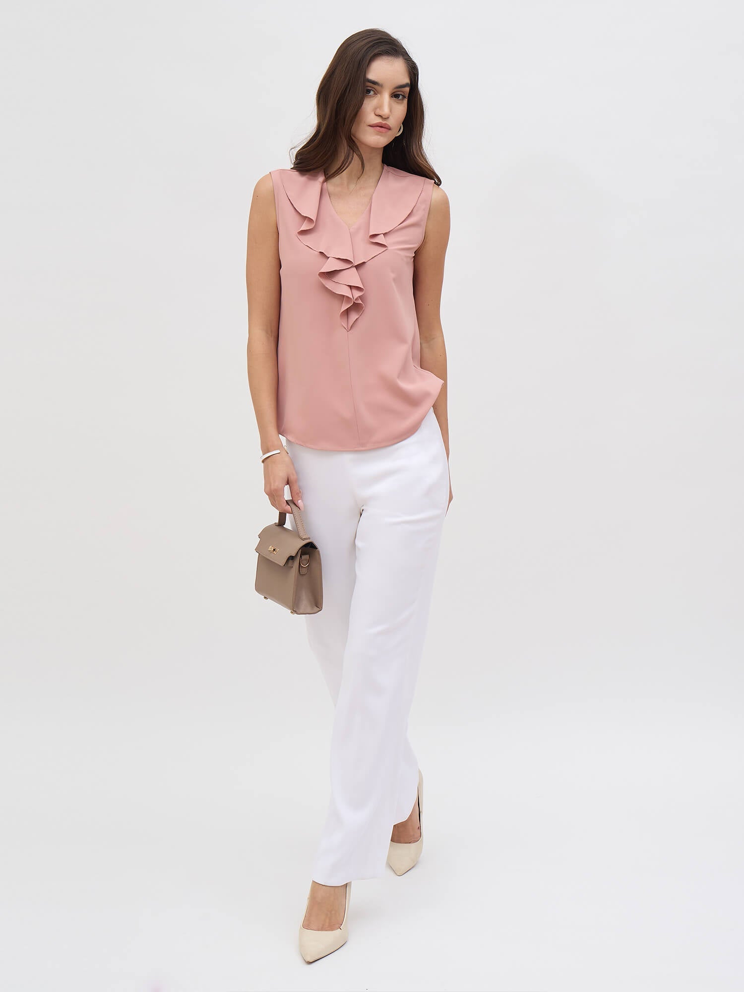 Jeyna Ruffled Neckline Sleeveless Top-Dusty Pink